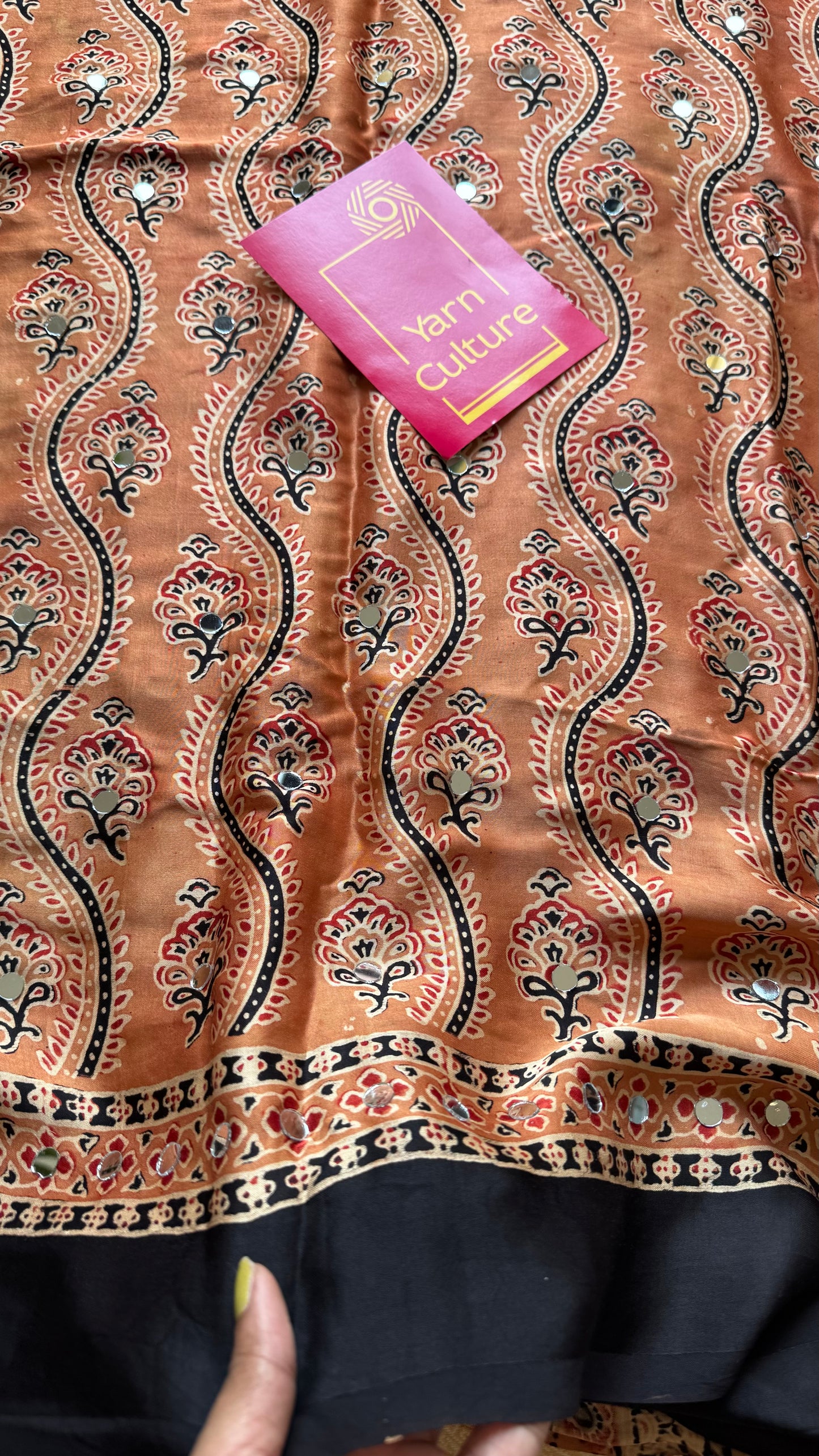 Light clay brown pure modal silk saree with ajrakh handblock print and mirror work, gold zari pallu - YCTOKAJM341