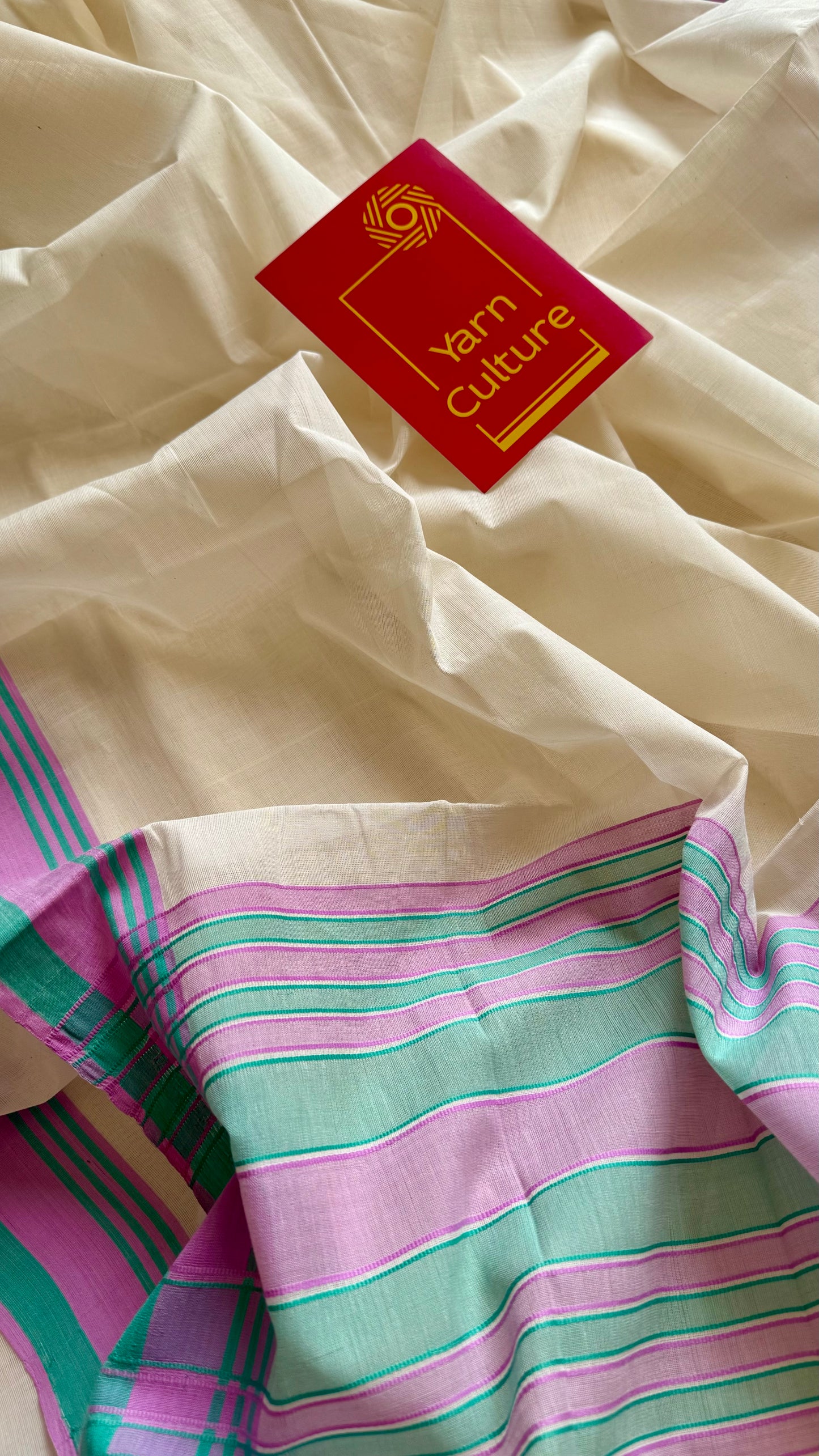 Handloom, woven in Chendamangalam Looms, ivory with pink and green stripes, soft cotton saree - YCIEON149