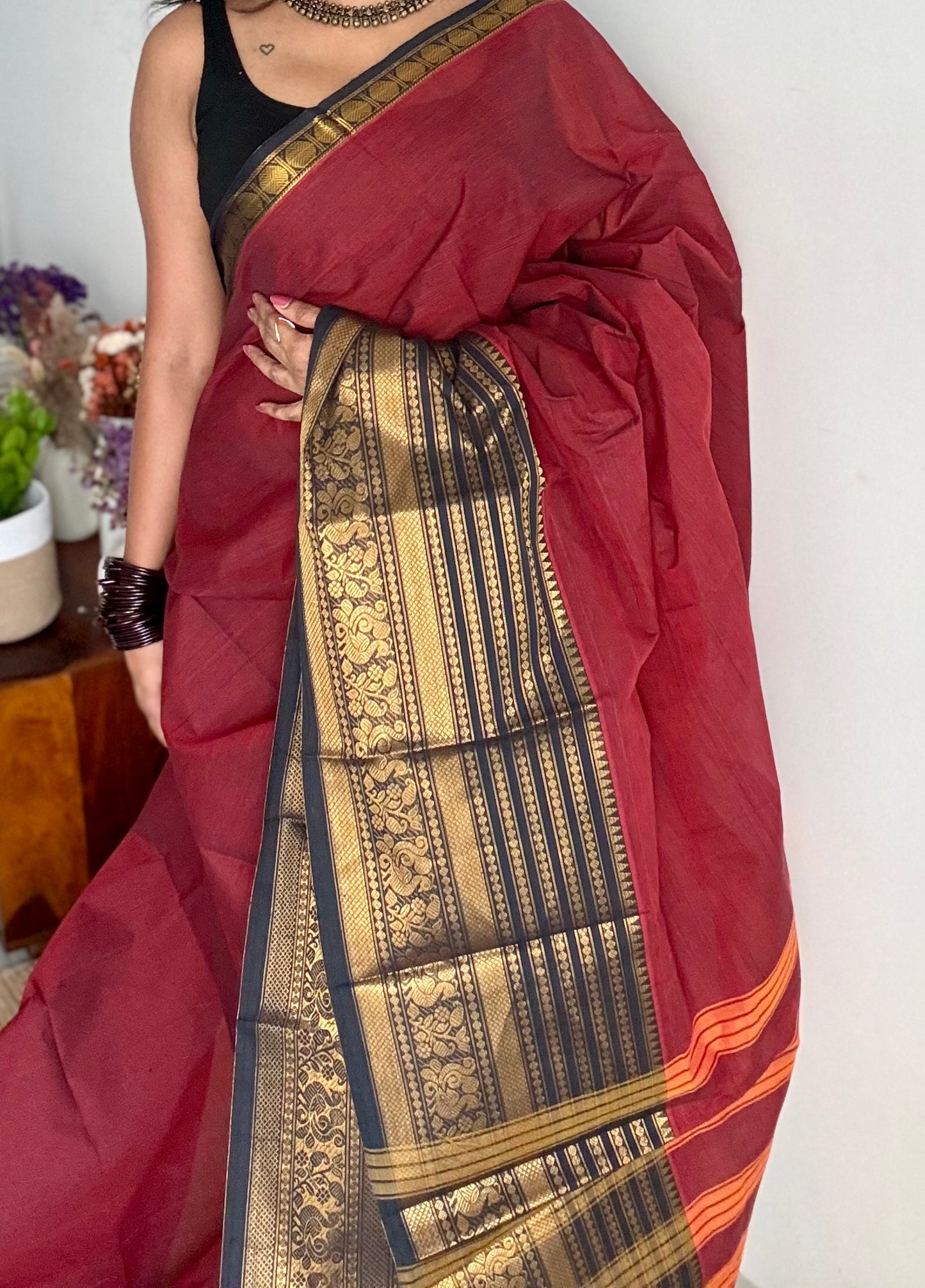 Kanchi cotton saree, dark red with black wide zari border - YCCOTNAP91
