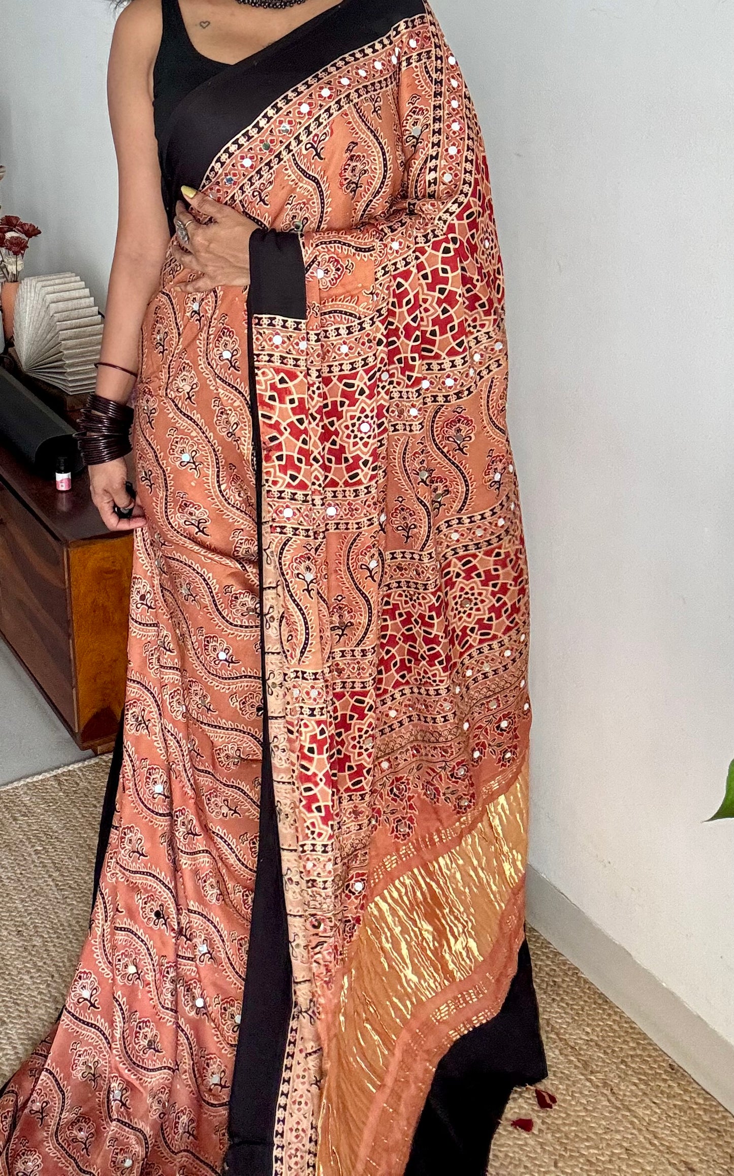 Light clay brown pure modal silk saree with ajrakh handblock print and mirror work, gold zari pallu - YCTOKAJM341