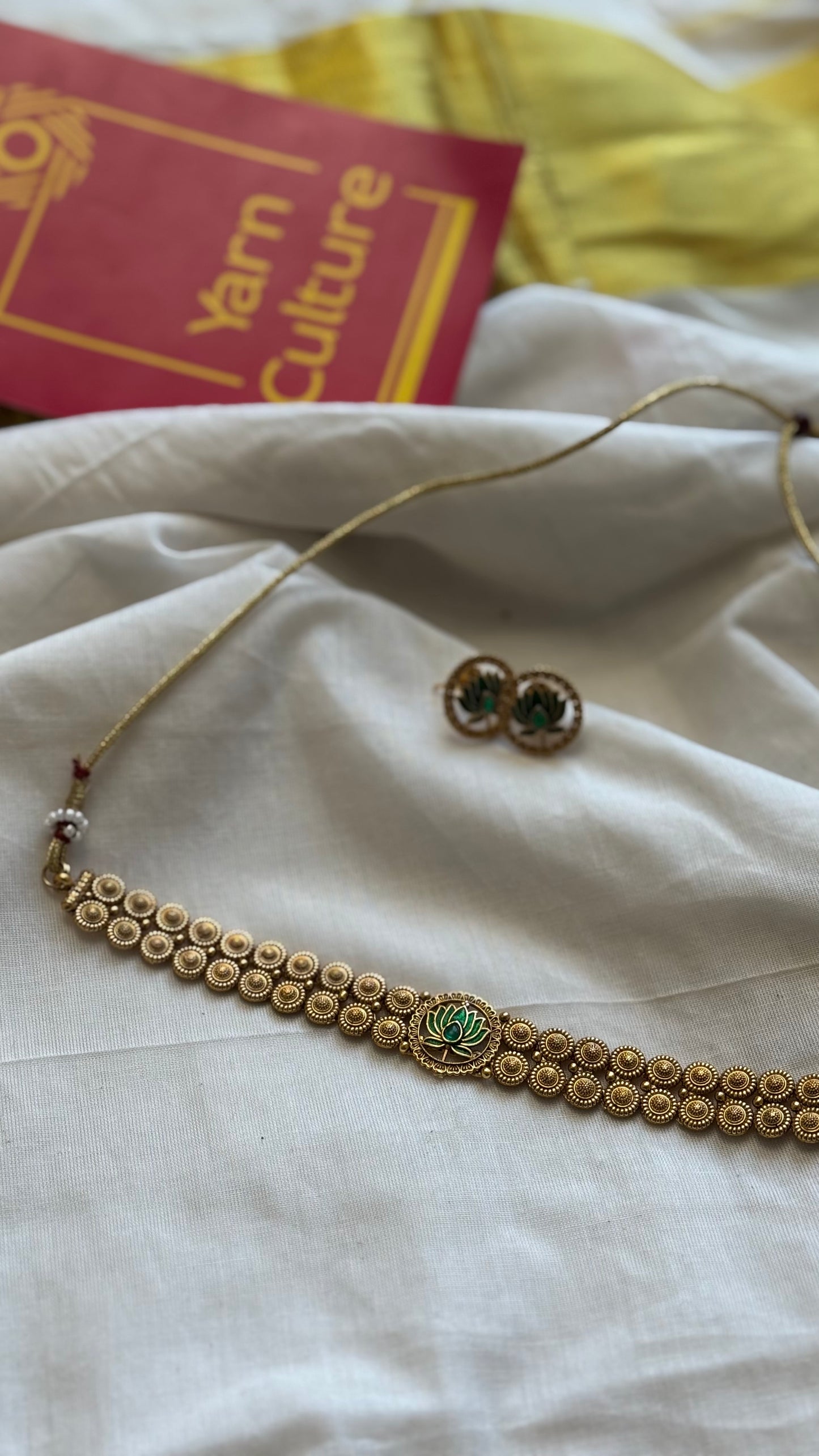 Double layered coin neckpiece with green lotus pendant, with earrings - YCGPNP626