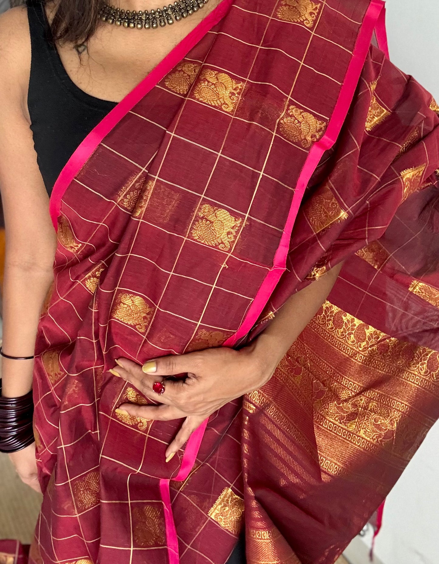 Maroon dual tone checks with peacock motifs, kanchi cotton saree - YCCOTNKCFE337