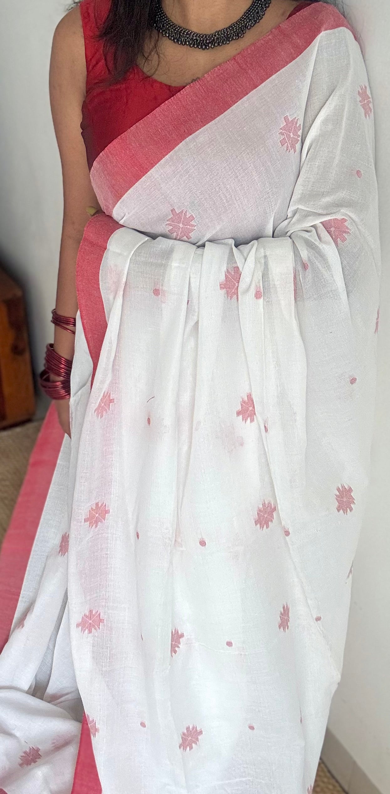White with red border, jamdani motifs, soft cotton - YCBCDP08