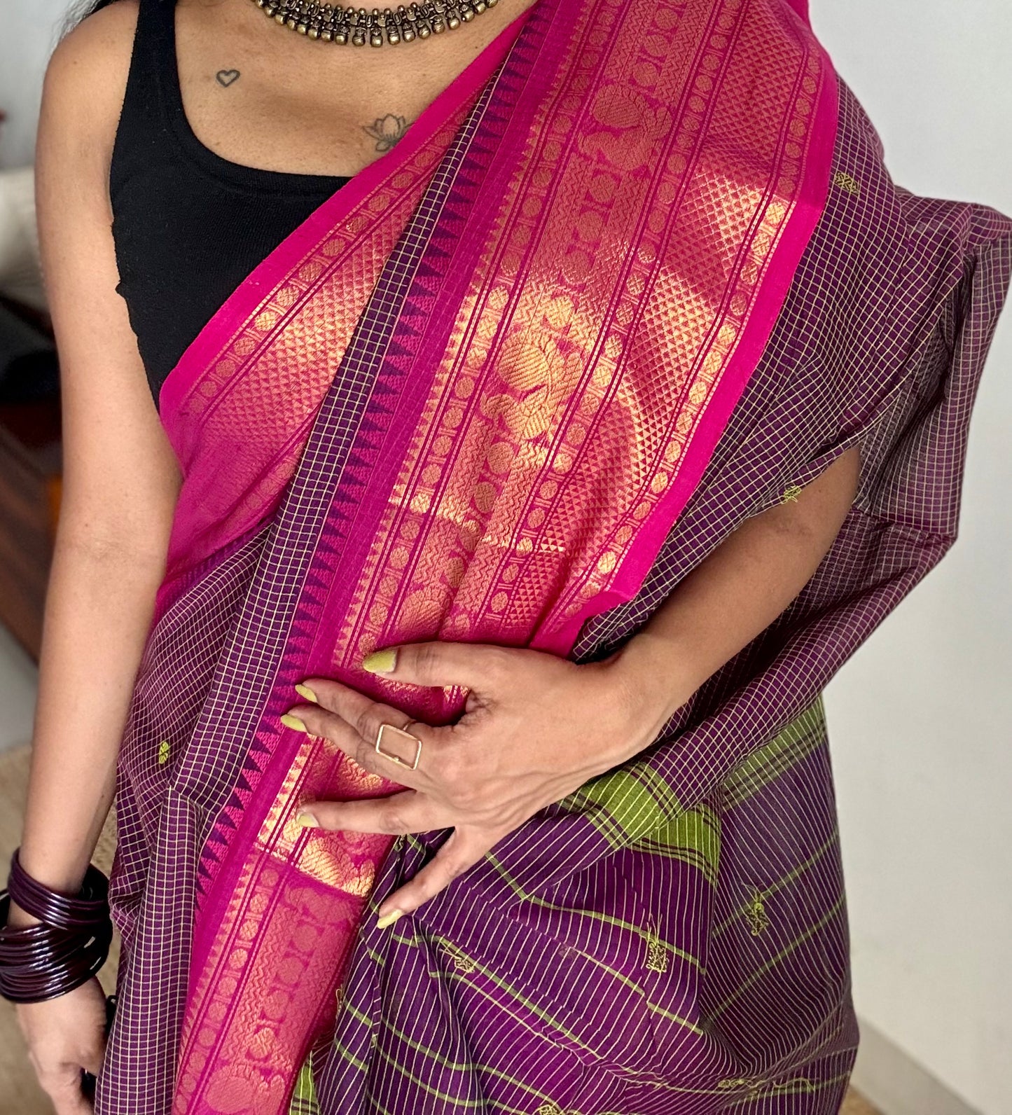 Dark purple with pink contrast, checkered kanchi cotton saree - YCCOTNJU19