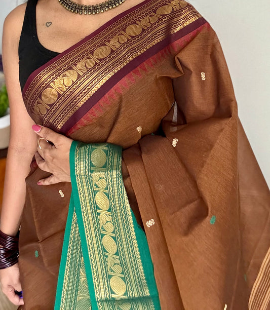 Kanchi cotton saree, brown with dark brown and green dual border - YCCOTNAP94