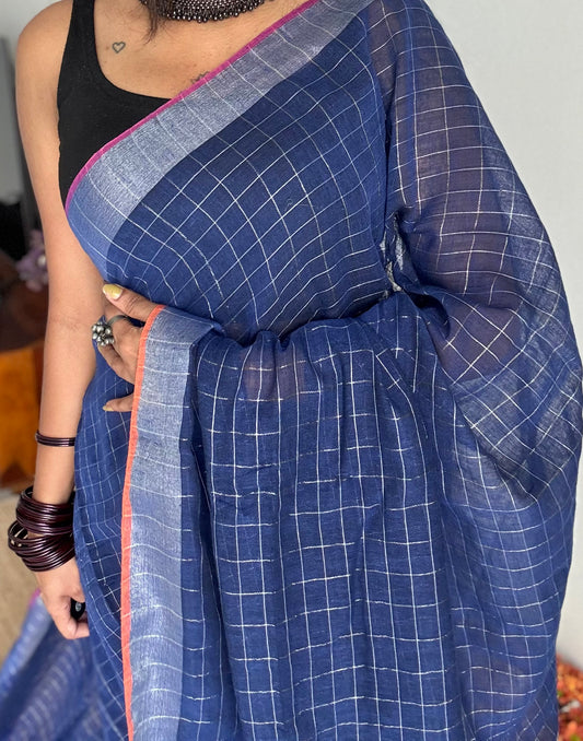Navy blue linen by cotton saree, silver checks & zari pallu - YCBCLCFE392