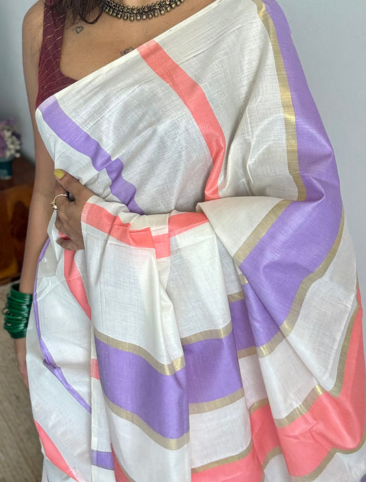 Ivory Kerala cotton saree with lilac and peach stripes - YCIEKCFE304