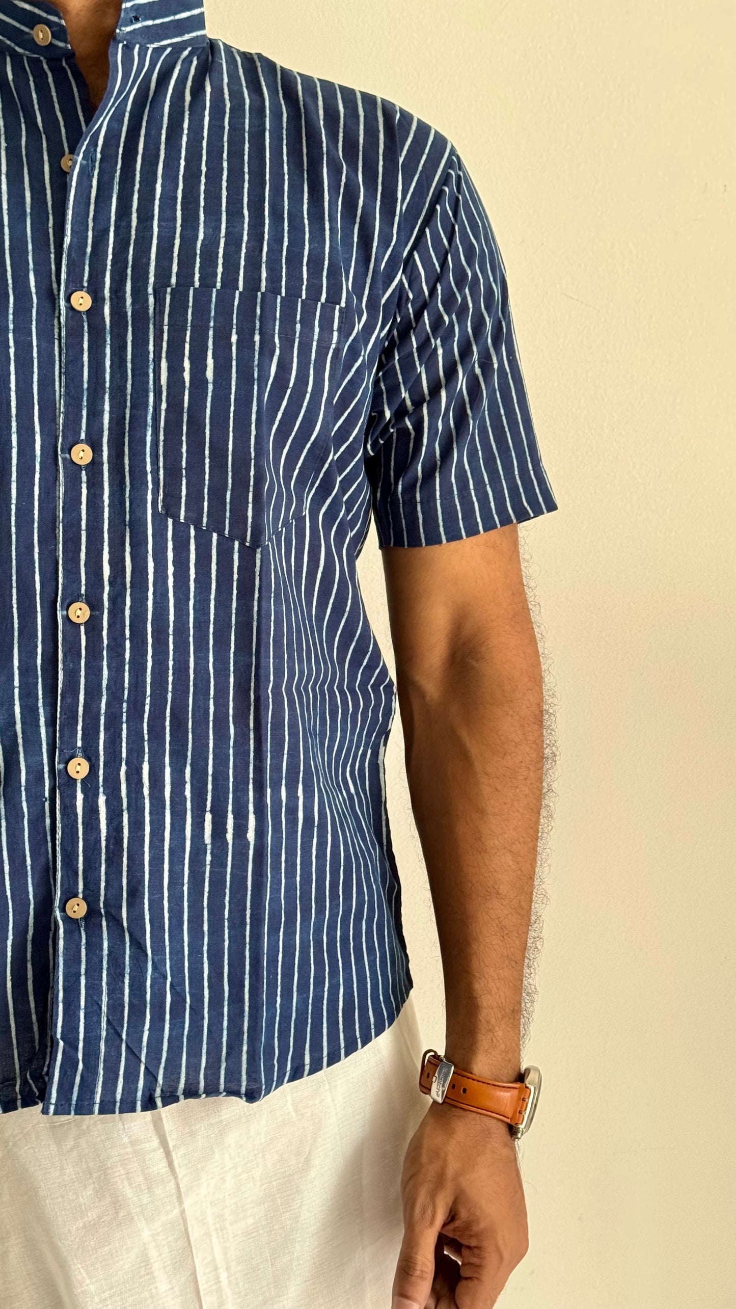 Indigo Striped Block Printed Cotton Men's Half Sleeve Mandarin Collar Kurta Shirt - YCMSEIE186