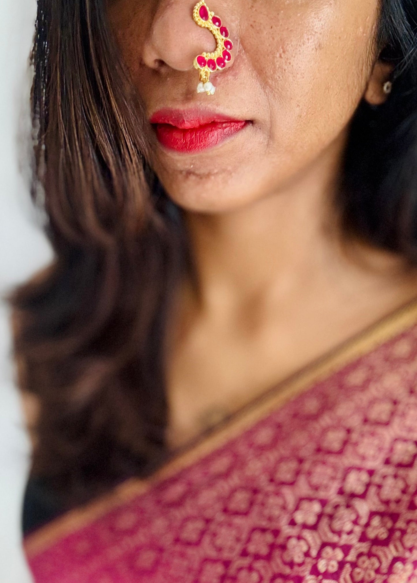 Gold plated, ruby coloured stone, clip on Maharashtrian nath - YCGPNC201