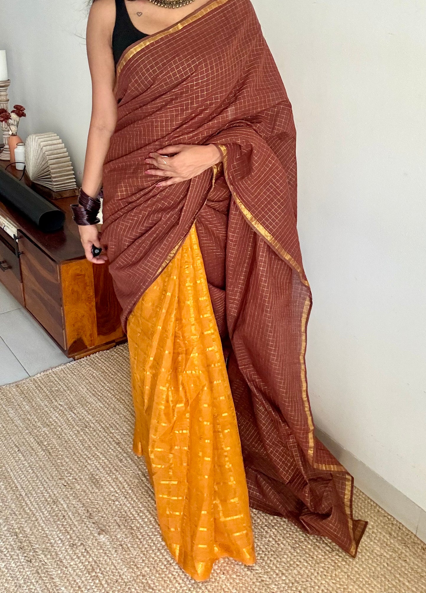 Brown with turmeric yellow, sungudi cotton half-half saree - YCCOTNIDMA315