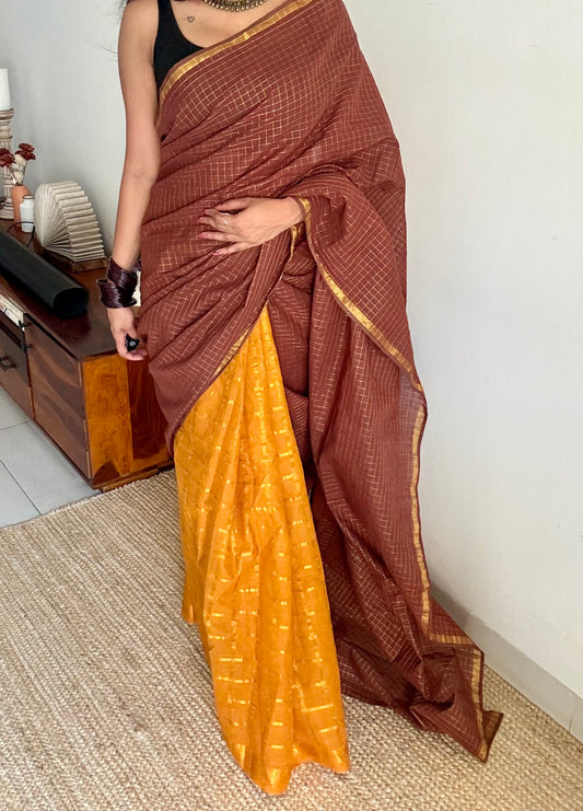 Brown with turmeric yellow, sungudi cotton half-half saree - YCCOTNIDMA315