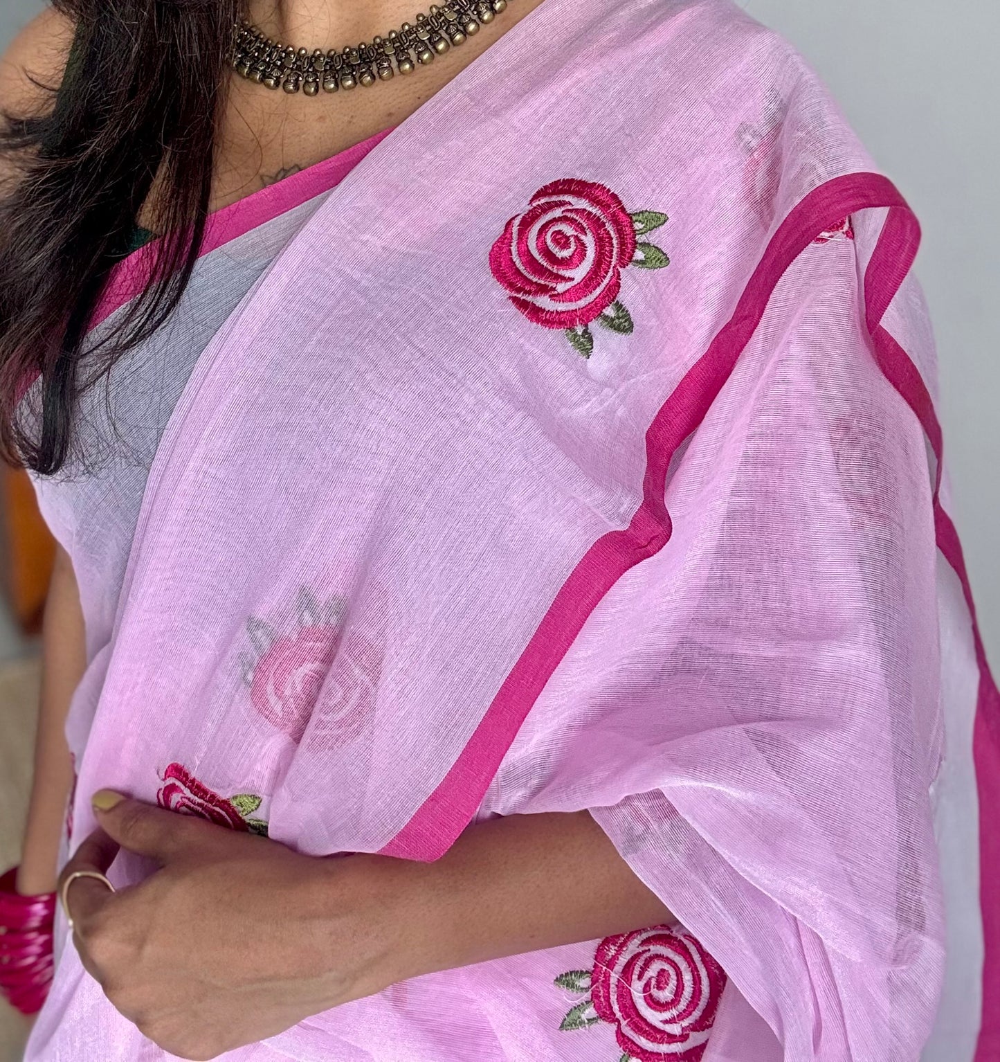 Pink mul with dark pink rose thread embroidery - YCBCMCNO73