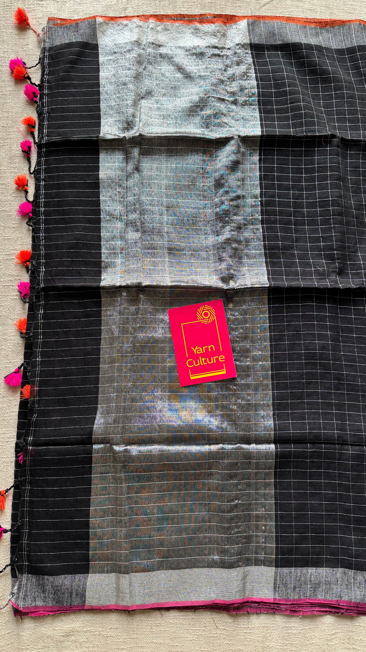 Black linen by cotton saree, silver checks & zari pallu - YCBCLCFE389