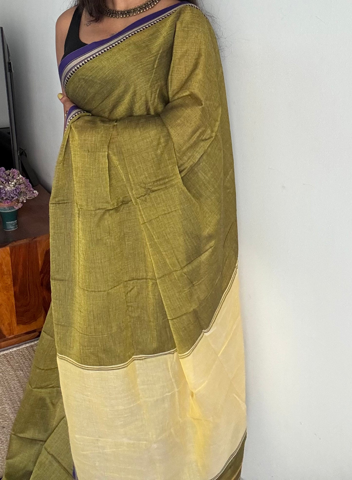 Lime green with purple border narayanpet saree, soft cotton - YCWOTDNPFE34