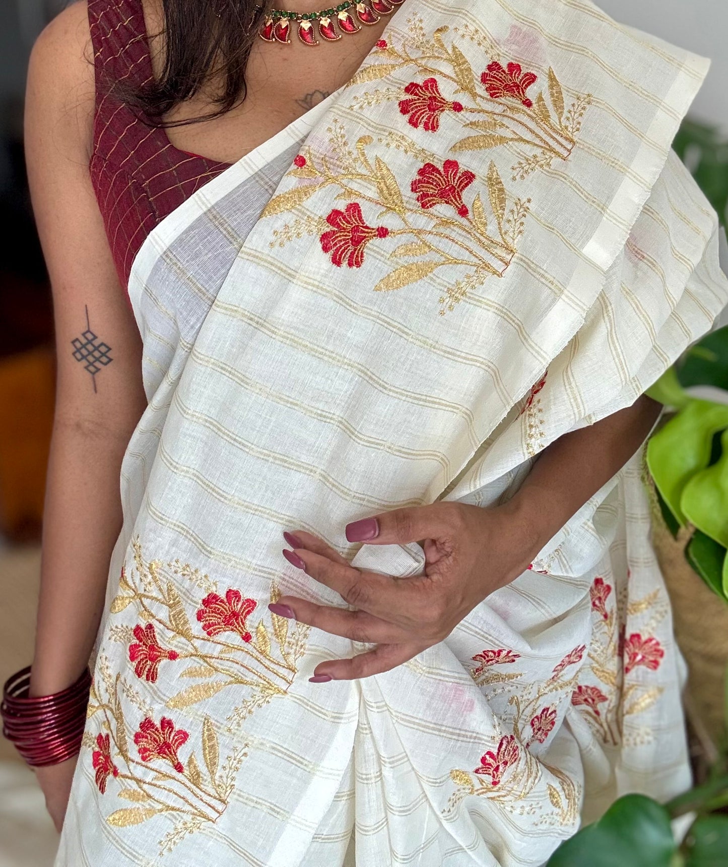 Ivory and gold soft cotton saree, red floral embroidery  - YCIEON52