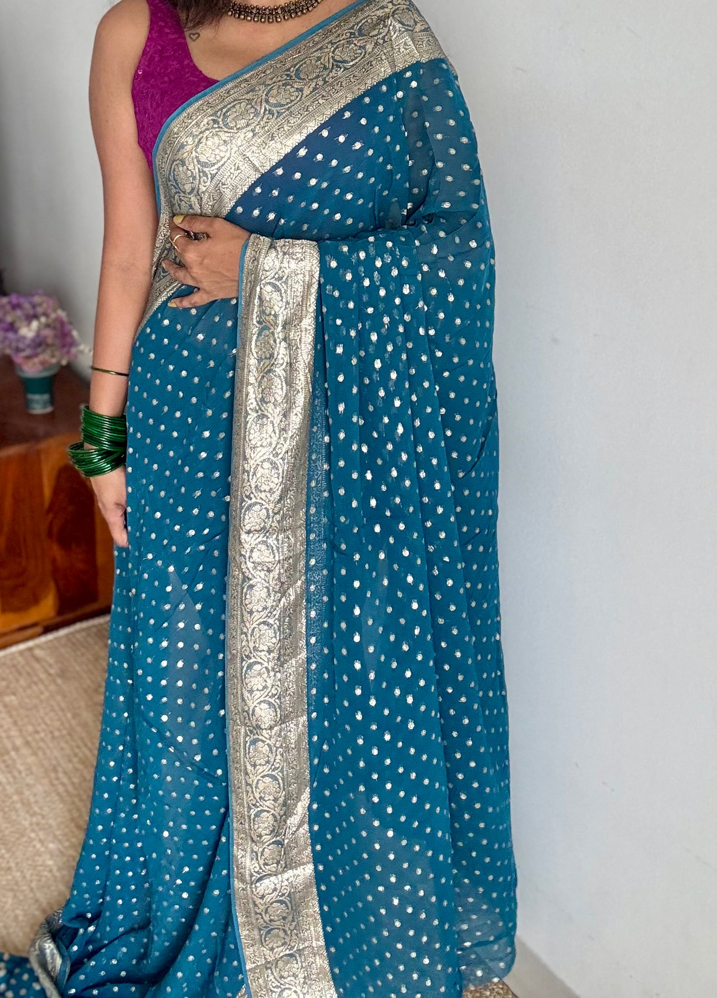 Peacock blue viscose georgette saree with zari motifs - YCDOSFE209