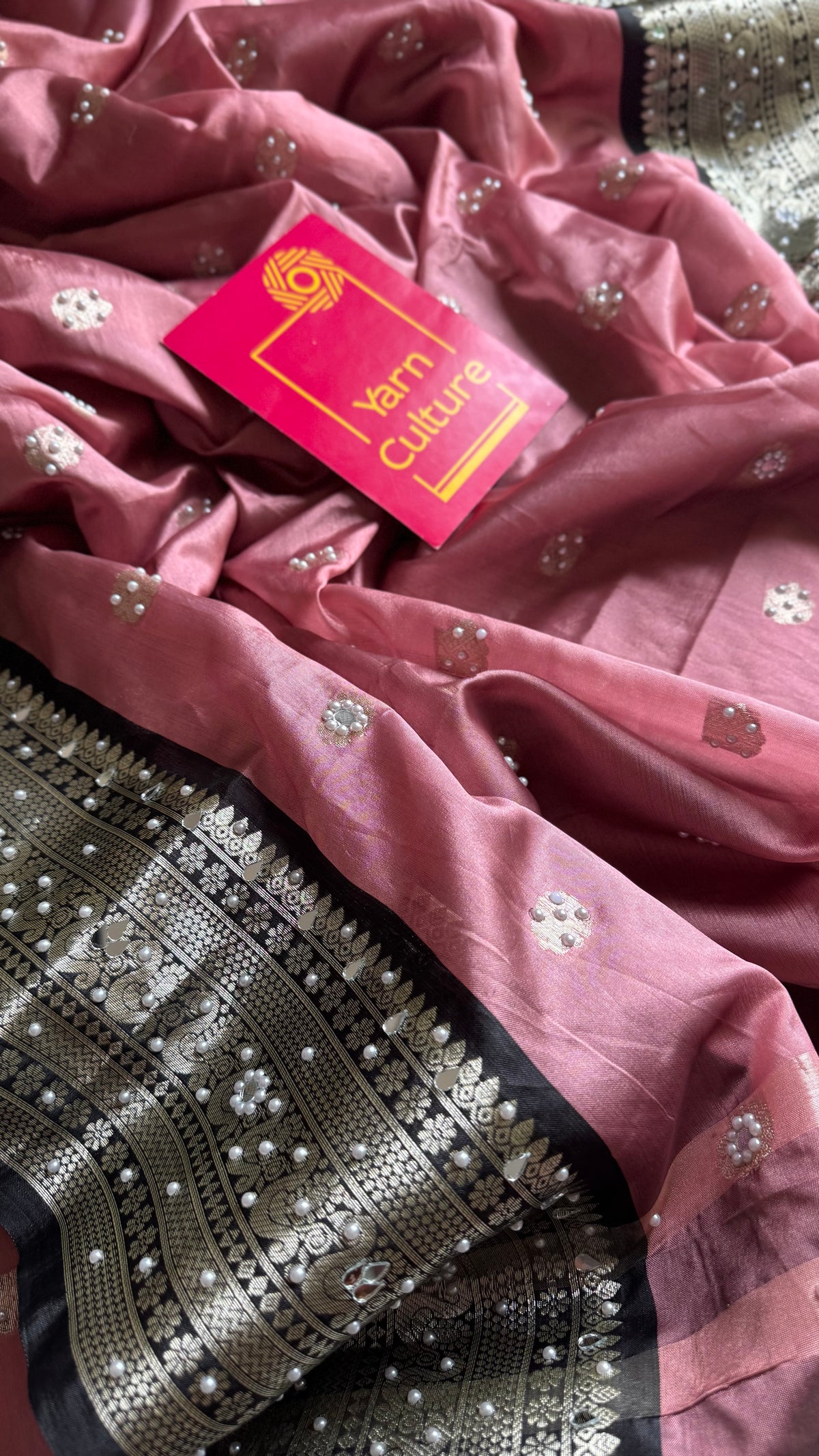 Dusty pink with black silver zari Banarasi semi-katan silk saree with pearl embellishments - YCBLTOC92