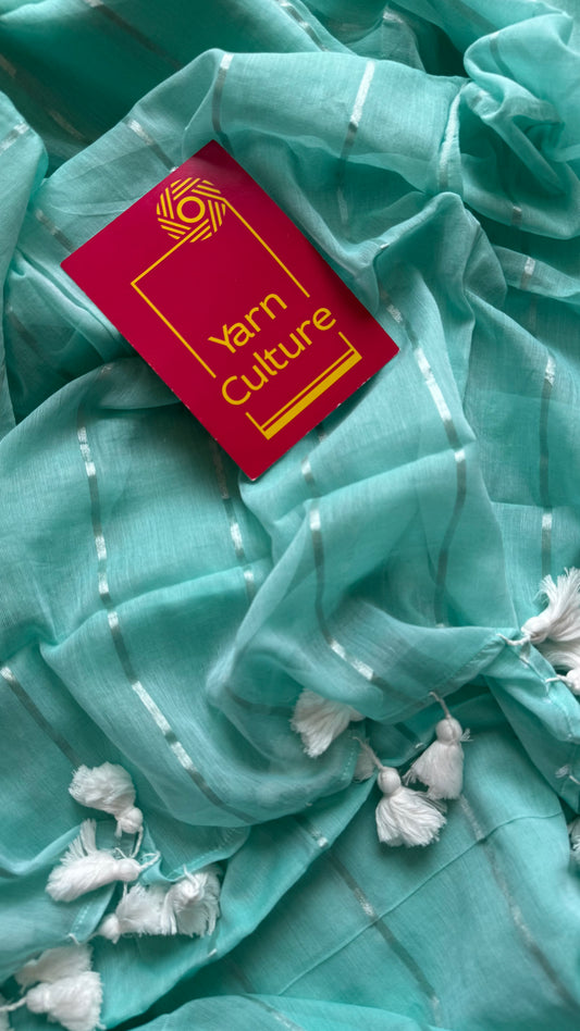 Aqua Frost - pastel aqua blue with silver zari stripes, mul cotton - YCBCJULMS07