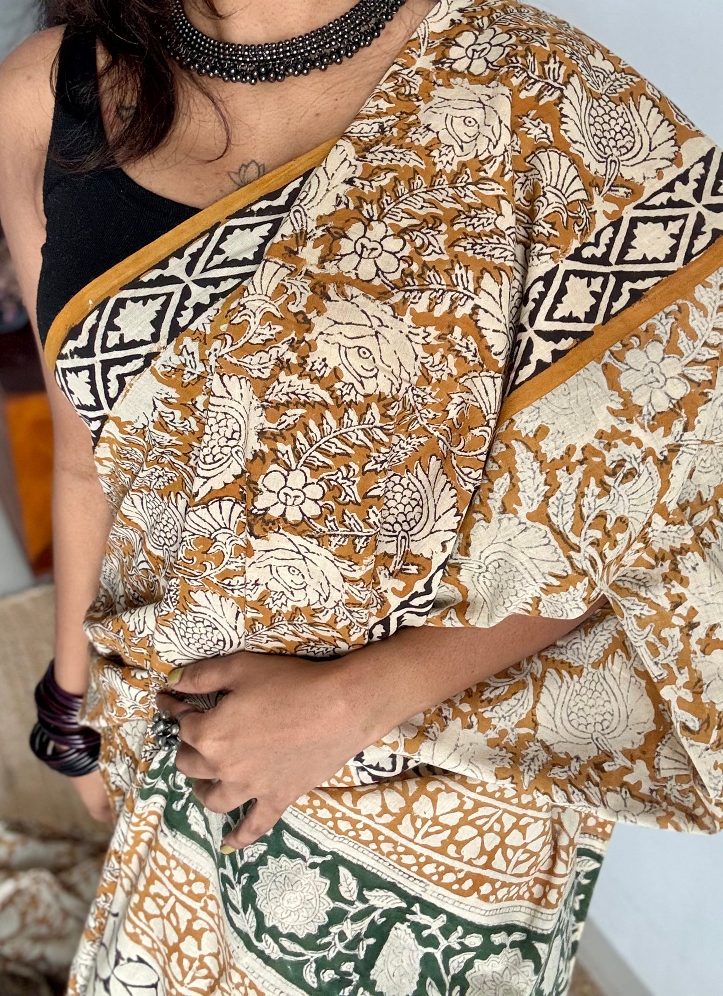 Sunehri - earthy mustard with floral vine motifs, block print, soft cotton - YCWOTDNOBP91