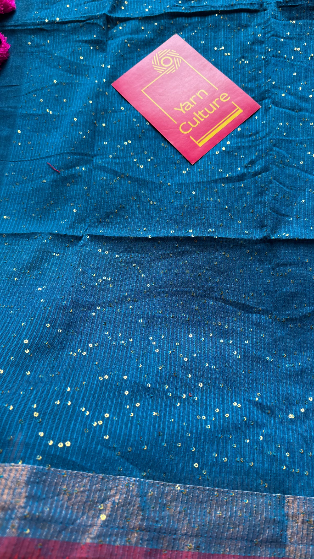 Peacock blue mul cotton saree with sequins and zari border - YCBCMCSE31