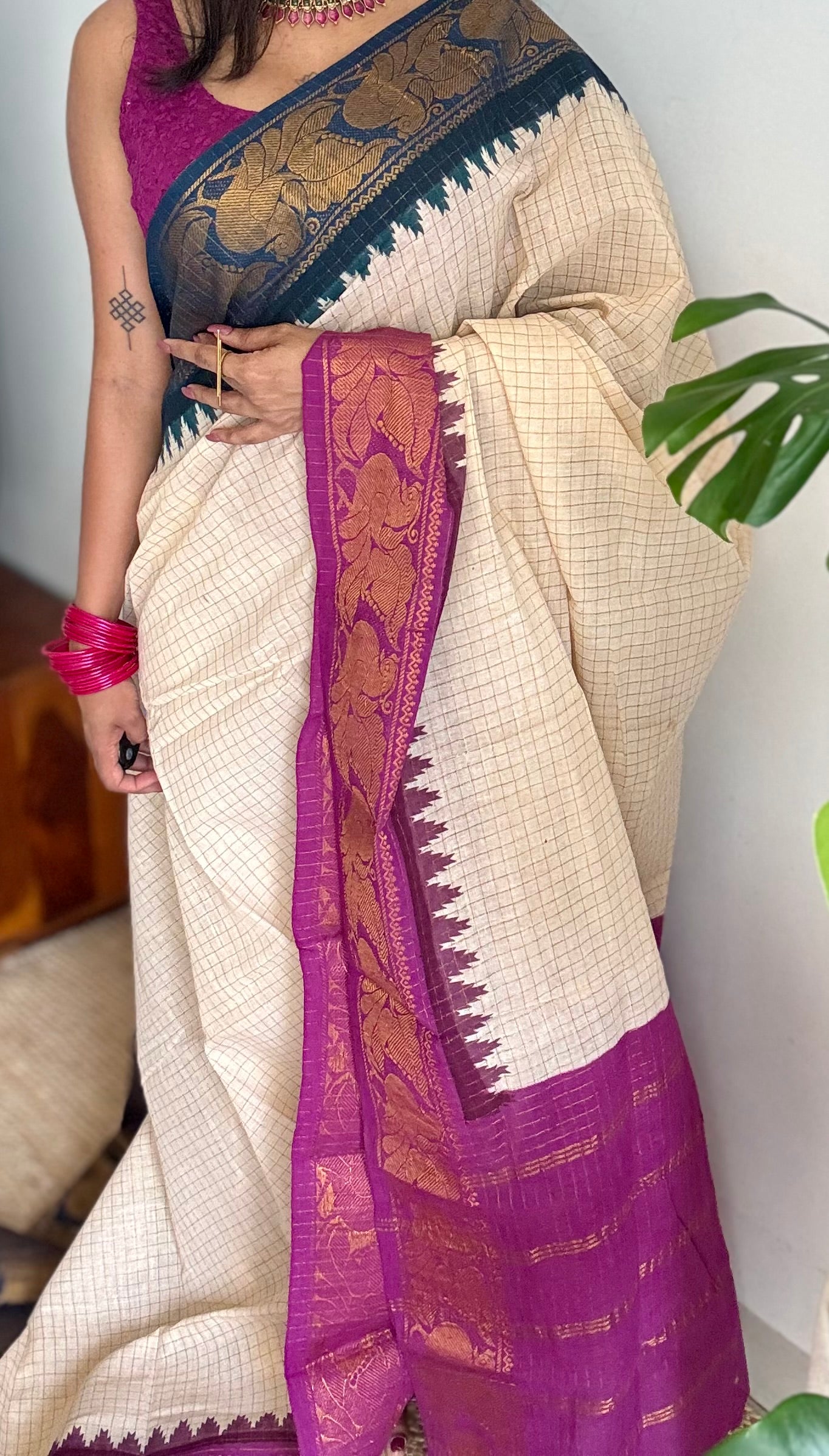 Sungudi cotton checks, ivory gold base, teal and magenta dual tone border, soft cotton - YCIEON101