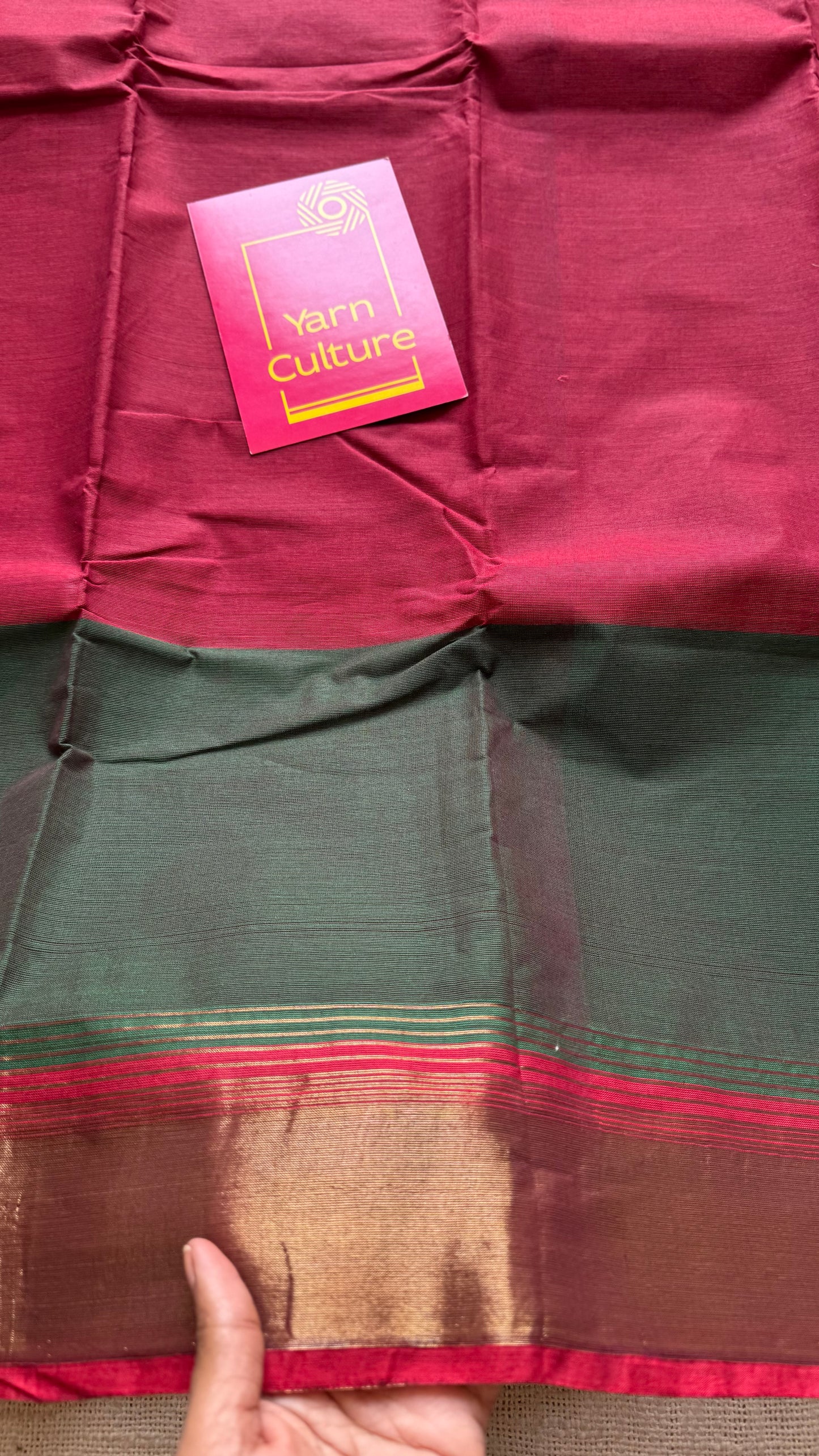 Maroon and green Chettinad cotton saree with antique gold zari border - YCCOTNCCFE152
