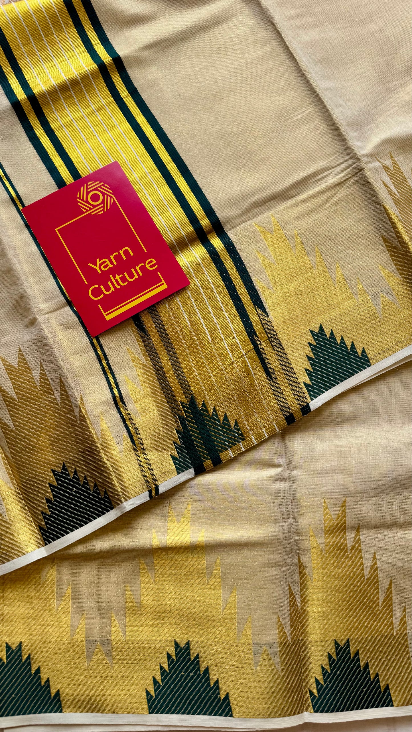 Ivory and gold kerala kasavu saree, dark green temple border - YCIEON47