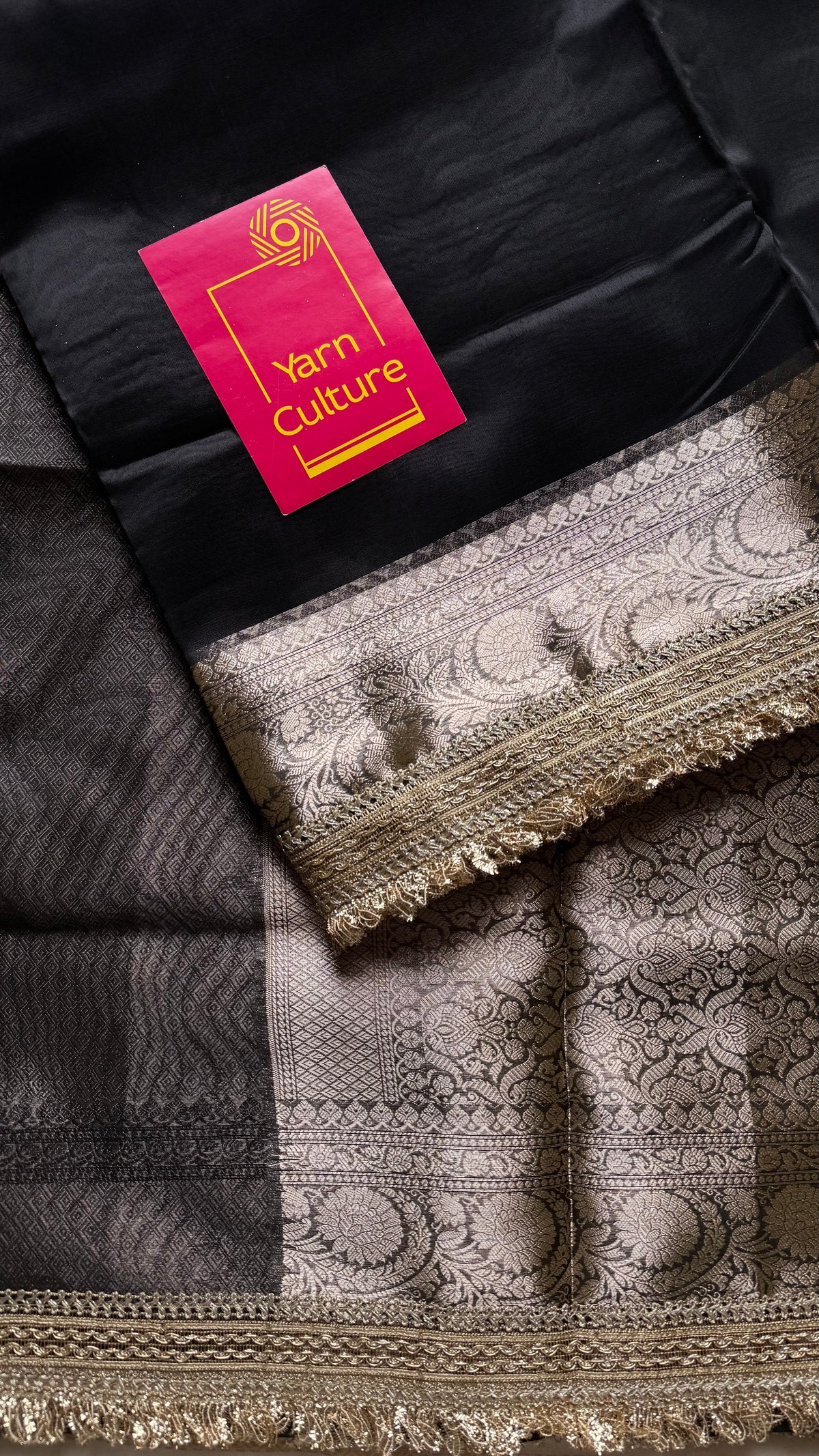 Black tissue Banarasi saree with embellished gold lace border - YCBLTOC81