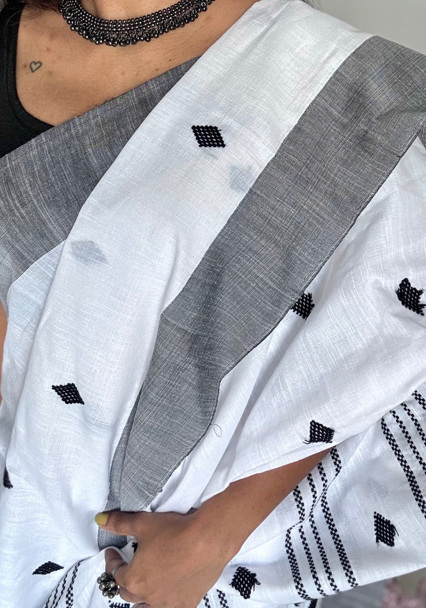 White with black, soft khadi cotton with woven motifs - YCBCKCDE23