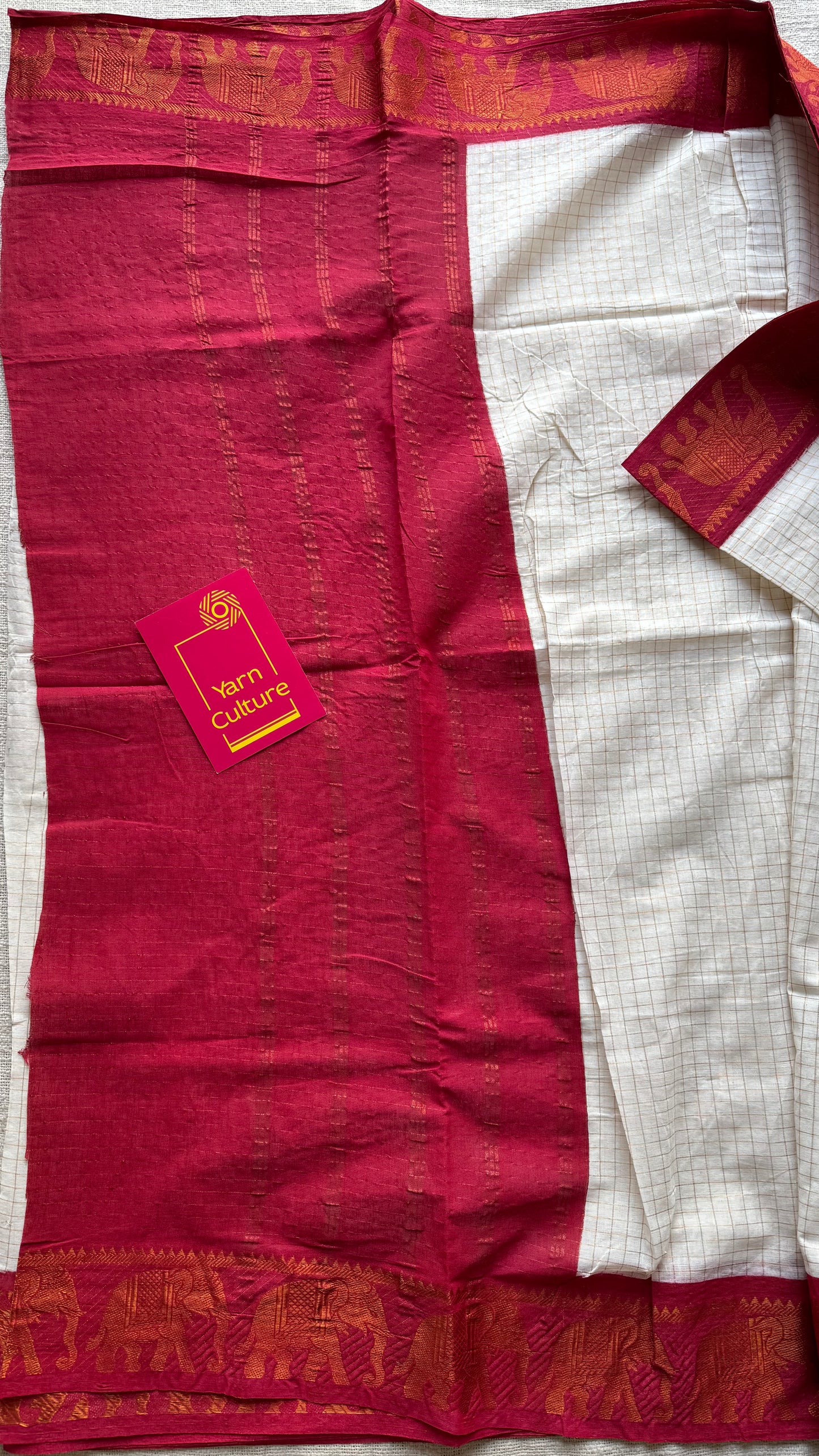 Sungudi cotton checks, ivory base, red border with elephant motifs, soft cotton - YCCOTNMSJA182