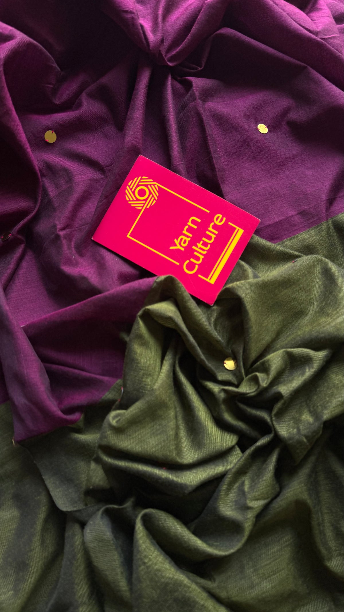 Wine with olive green contrast pallu, gini sequins, soft cotton saree - YCBCSCOC06