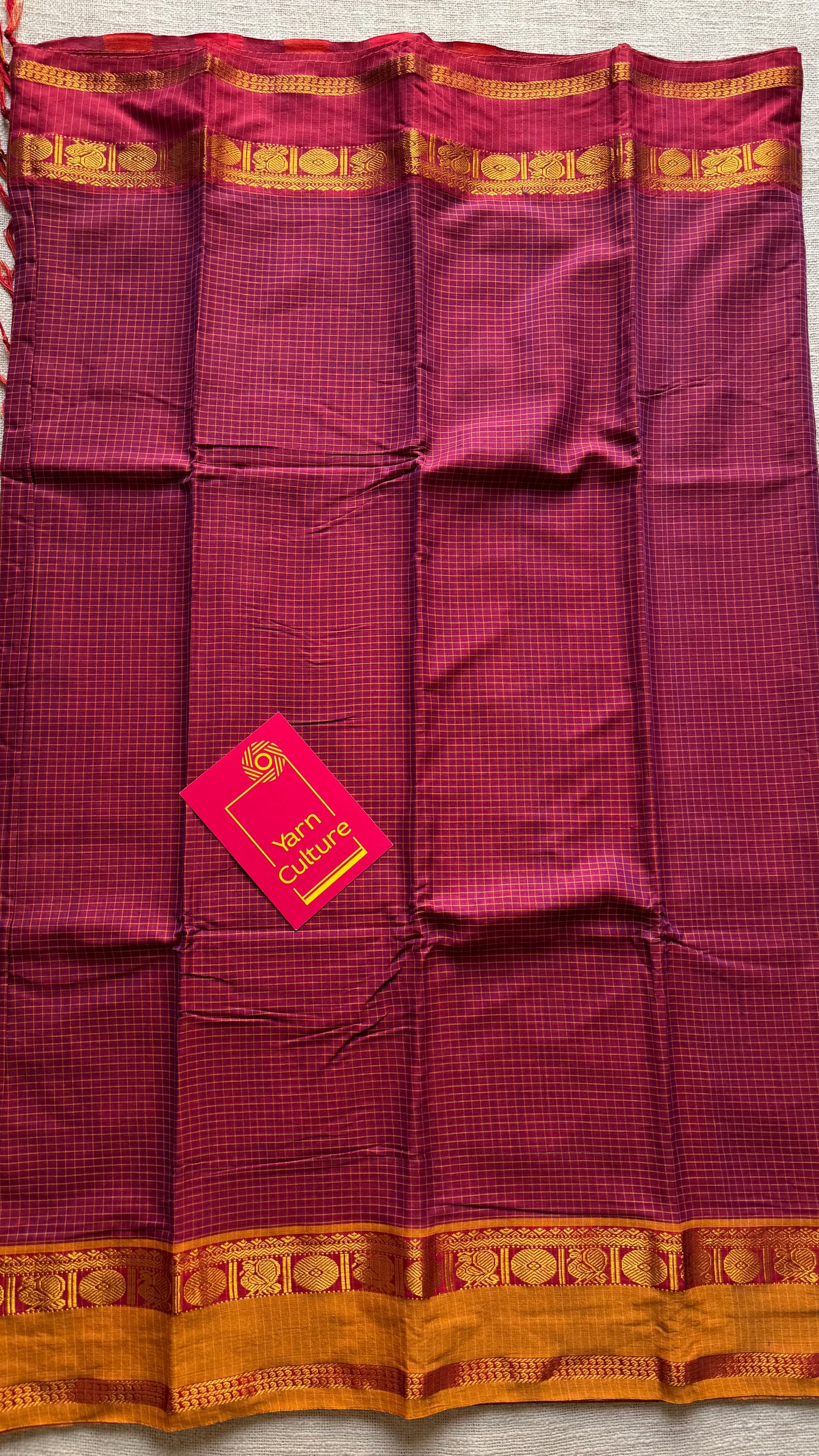 Berry pink checks with red and yellow ganga jamuna borders, premium narayanpet soft cotton - YCWOTDNPJA156