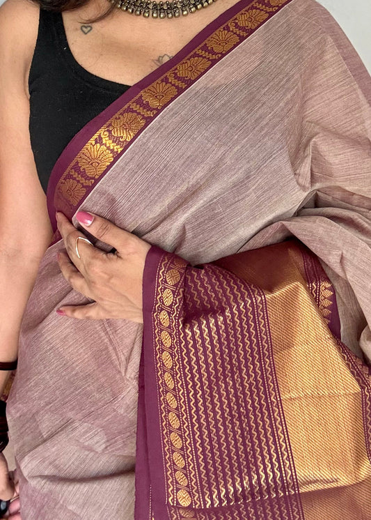 Kanchi cotton saree, beige brown with dark maroon zari border - YCCOTNAP88
