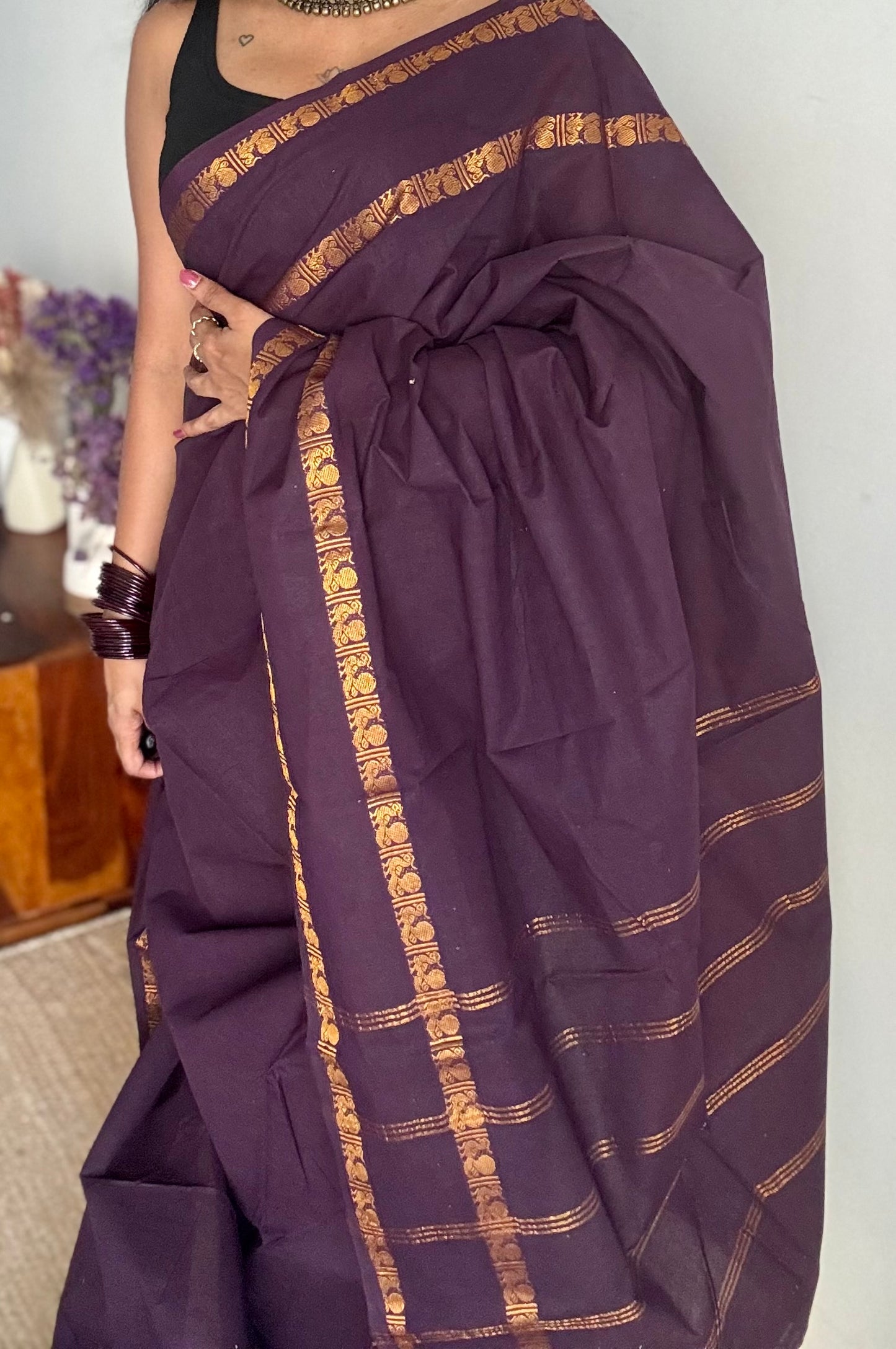 Purple brown rettaipettu peacock gap border, kattuchayam dyed madurai cotton saree  - YCCOTNMSAP98