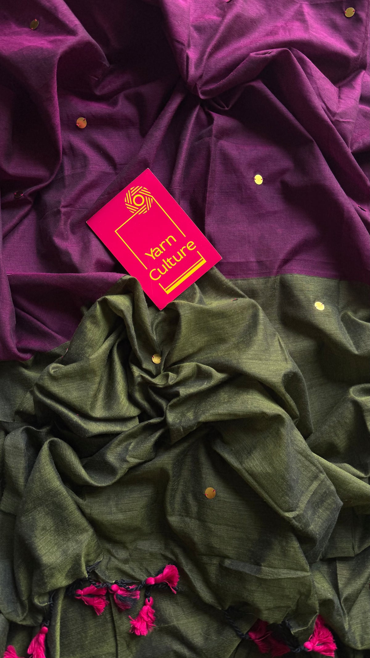 Wine with olive green contrast pallu, gini sequins, soft cotton saree - YCBCSCOC06