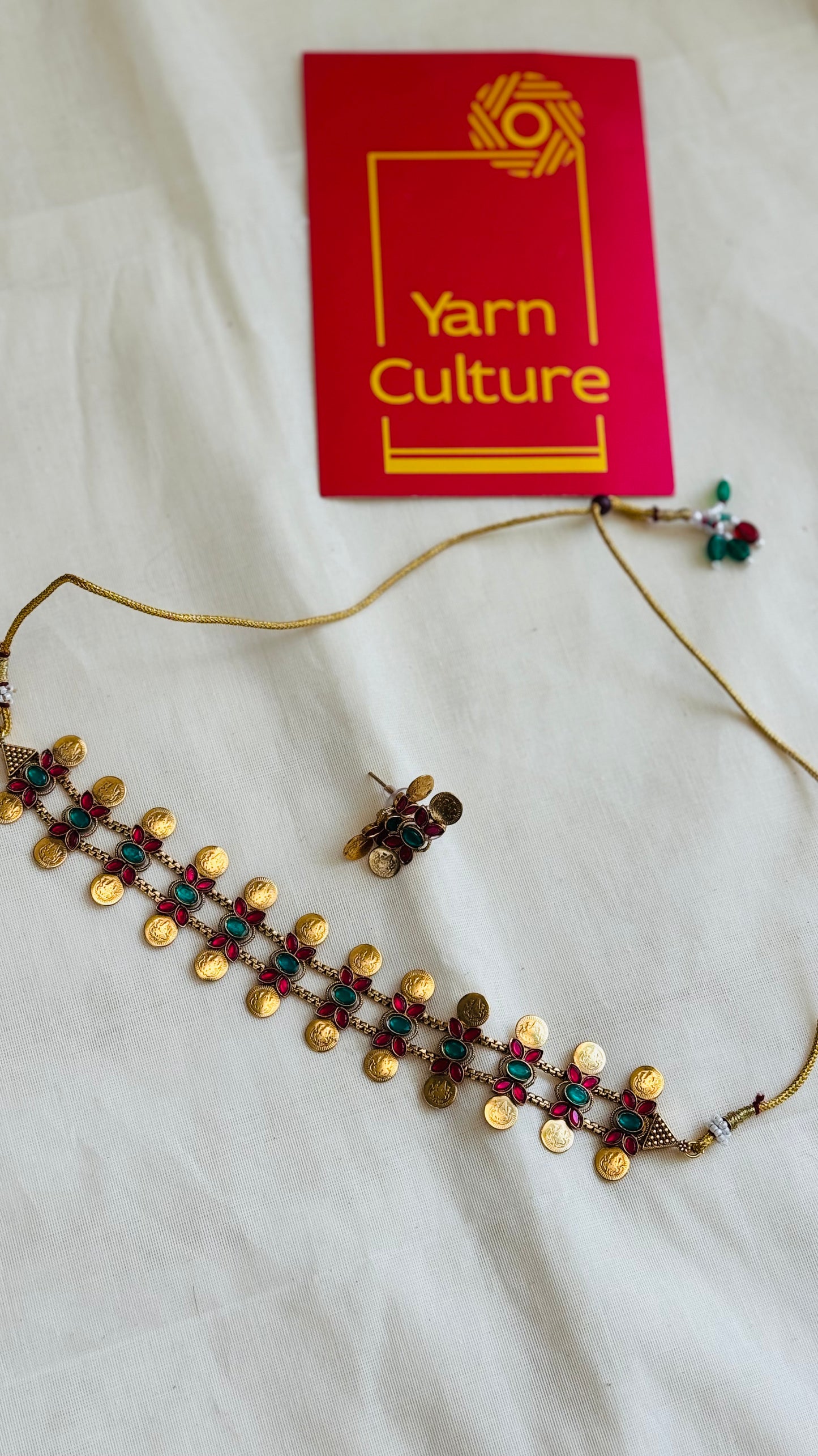 Triple layer coin floral neckpiece, ruby and green stones, with earrings - YCGPNP755