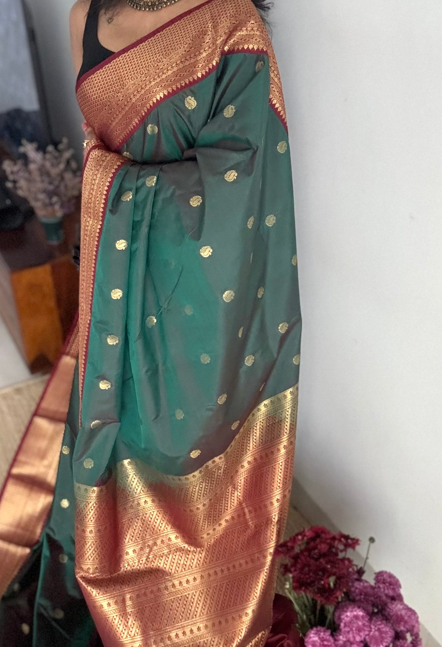 Harini - Emerald green with maroon, handloom korvai semi silk - YCCOTNFEJUKS07