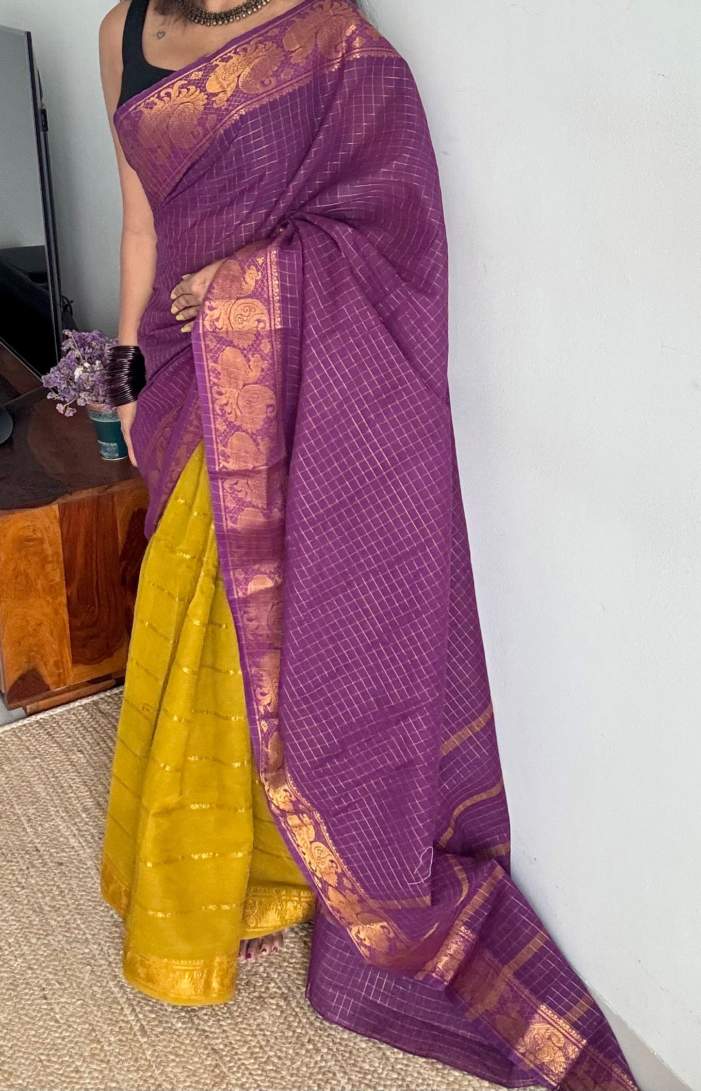 Purple with light green, sungudi cotton half-half saree - YCCOTNMSFE357