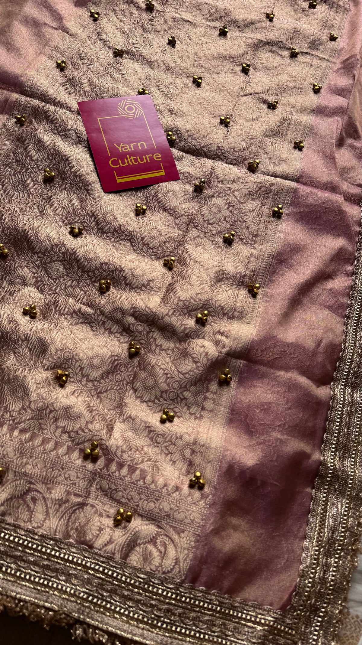Pink gold tissue Banarasi saree with ghungroo embellishments and zari border - YCBLTOC71