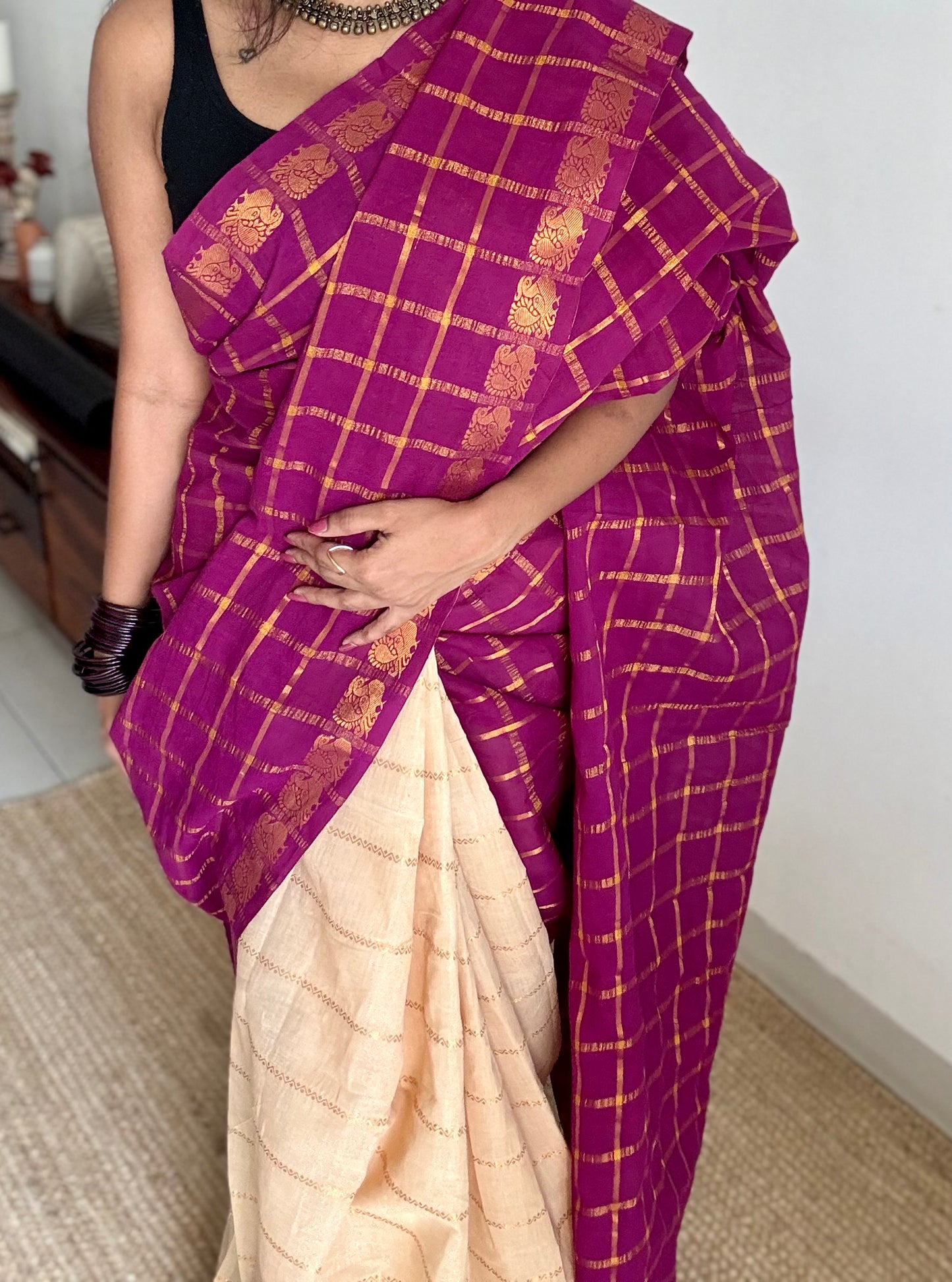 Vadamalli with cream, sungudi cotton half-half saree - YCCOTNIDMA285