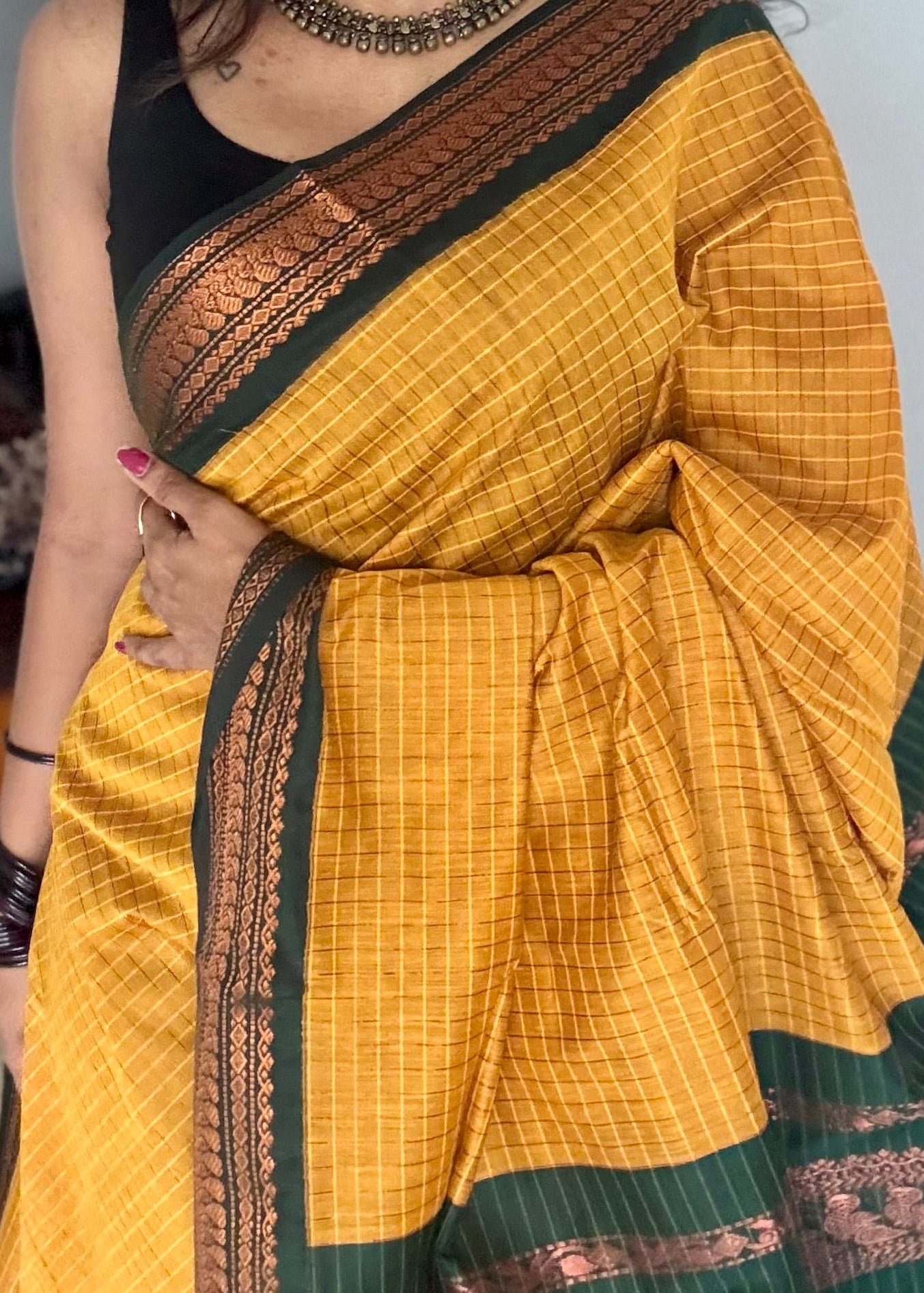 Mustard yellow with dark green checkered saree, cotton silk - YCCOTNKCFE67