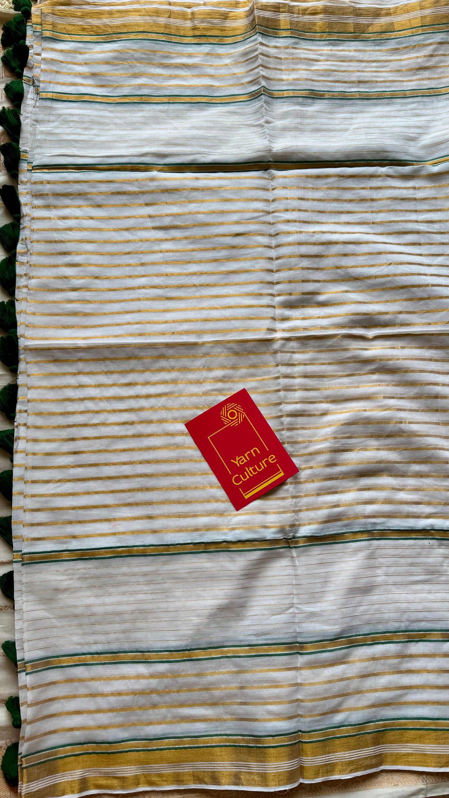 Ivory mul saree, green and gold stripes - YCIEON05