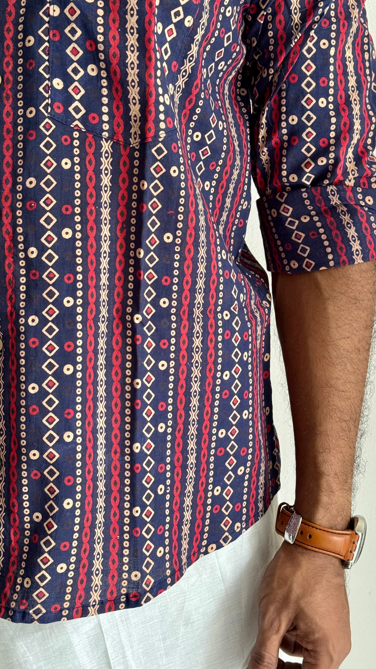 Dark Blue & Red Striped Block Printed Cotton Men's Mandarin Collar Kurta Shirt - YCMSEIE195