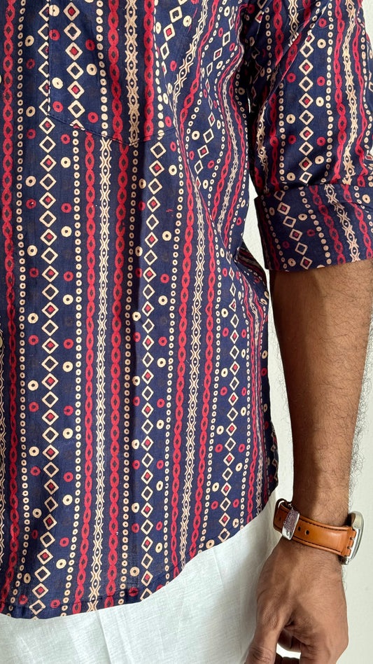 Dark Blue & Red Striped Block Printed Cotton Men's Mandarin Collar Kurta Shirt - YCMSEIE195