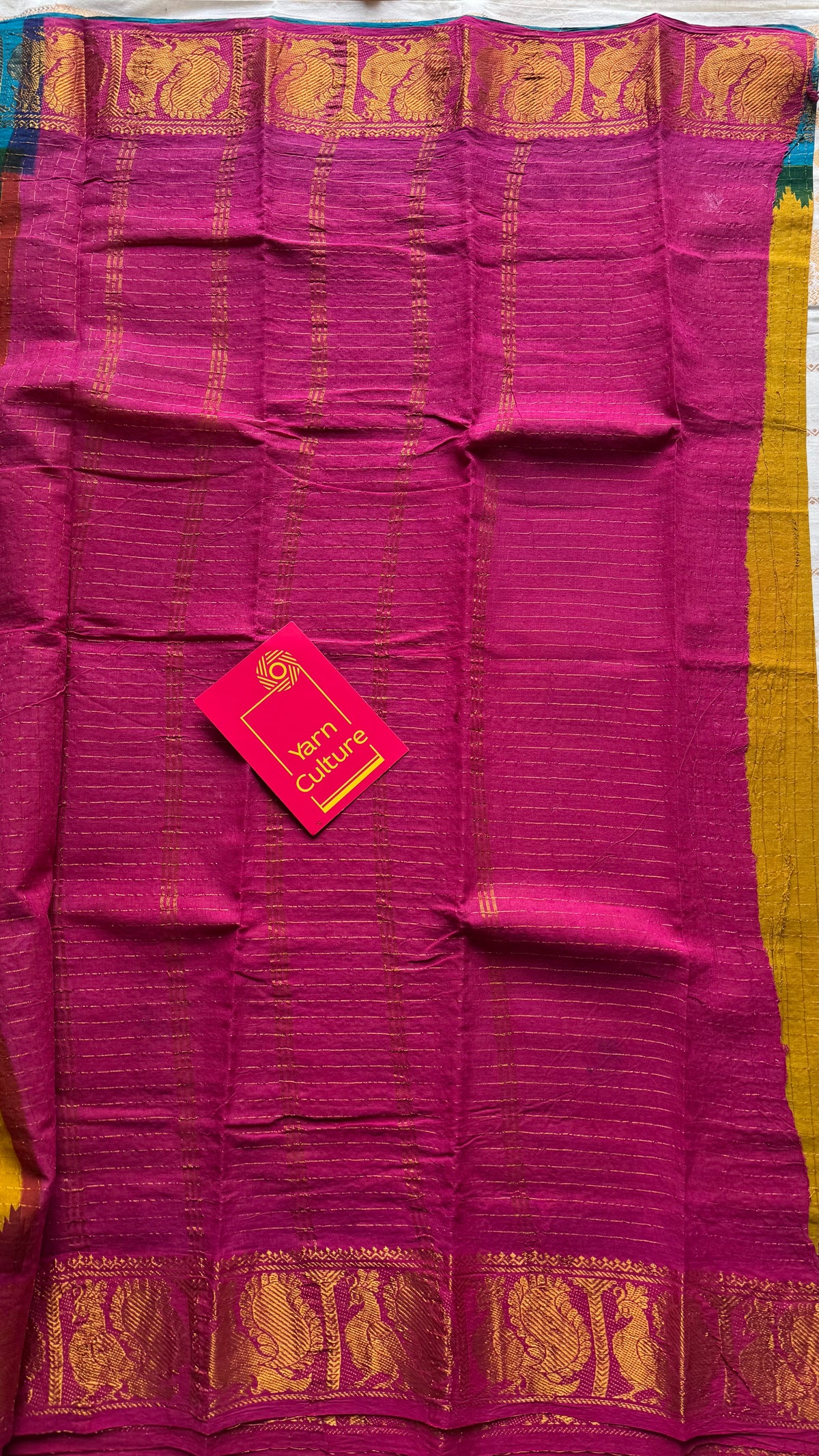 Sungudi cotton checks, mustard yellow base, blue and hot pink dual tone border, soft cotton - YCCOTNMSSE10