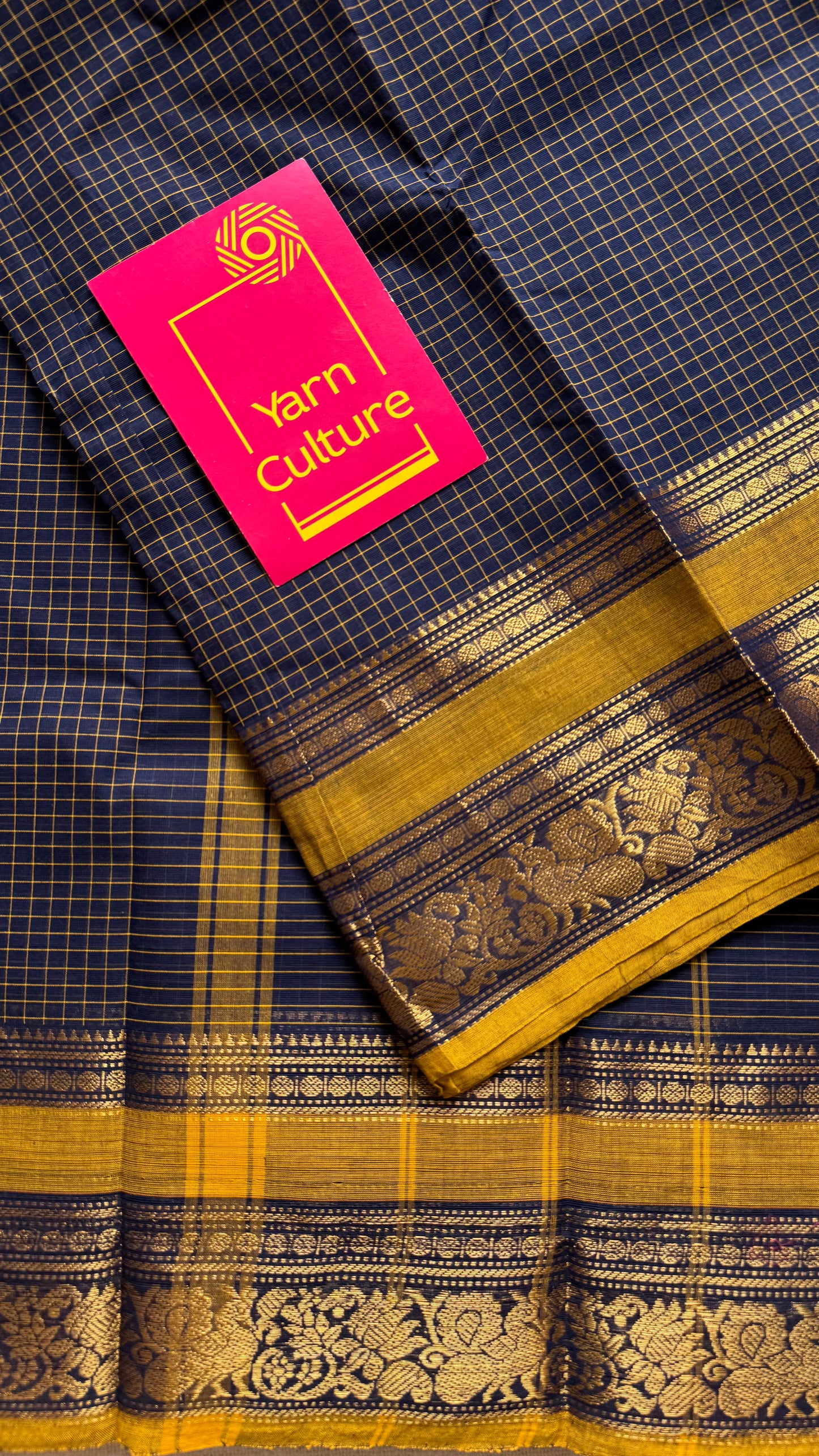 Kanchi cotton saree, dark blue checks with korvai border - YCCOTNAP72