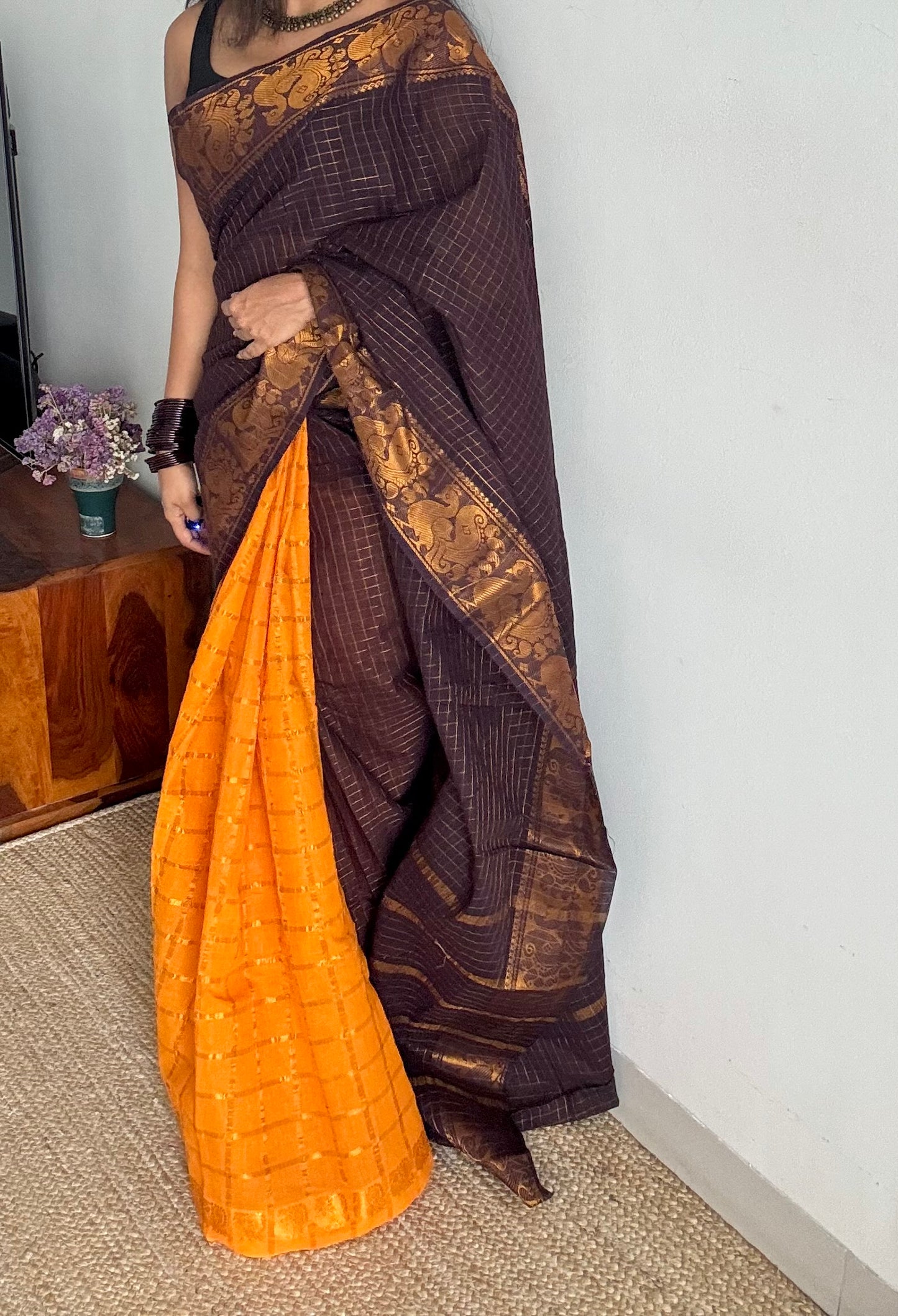 Purple brown with yellow, sungudi cotton half-half saree - YCCOTNMSFE351