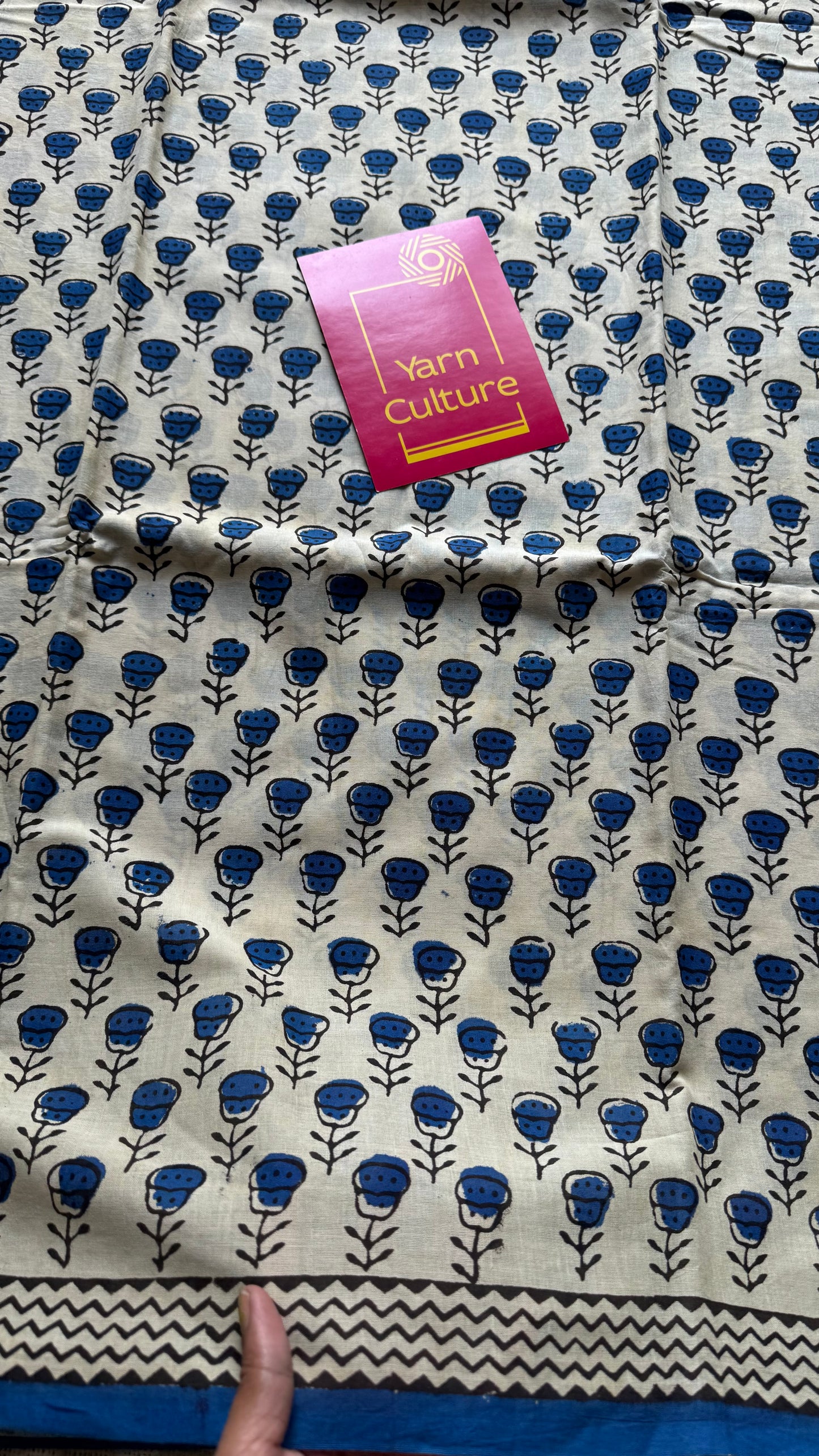 Beige with blue flowers, block printed soft cotton saree -YCTORCMA09