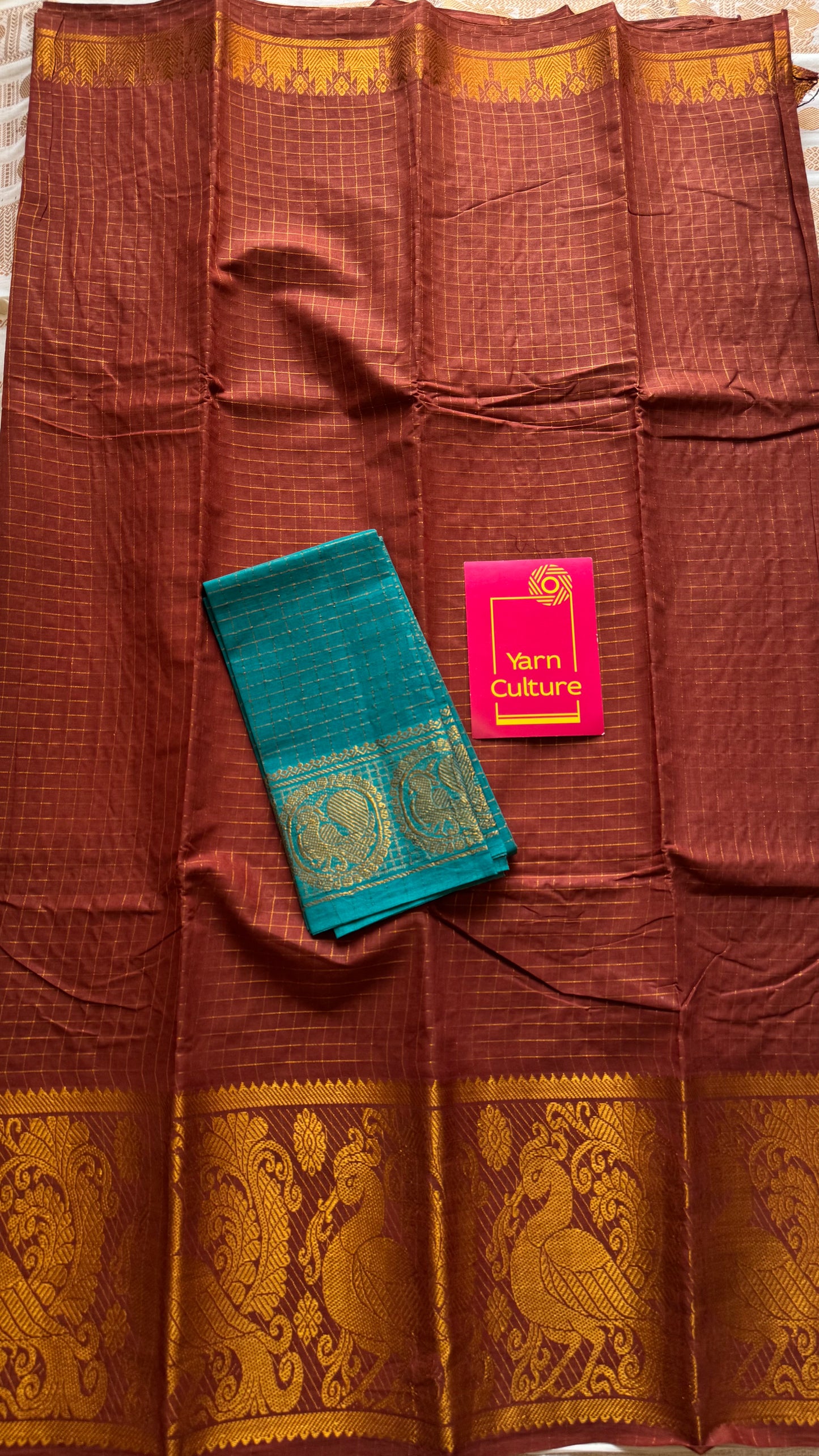 Brown with wide border, zari checkered sungudi, kattuchayam dyed madurai cotton - YCCOTNMSAP112