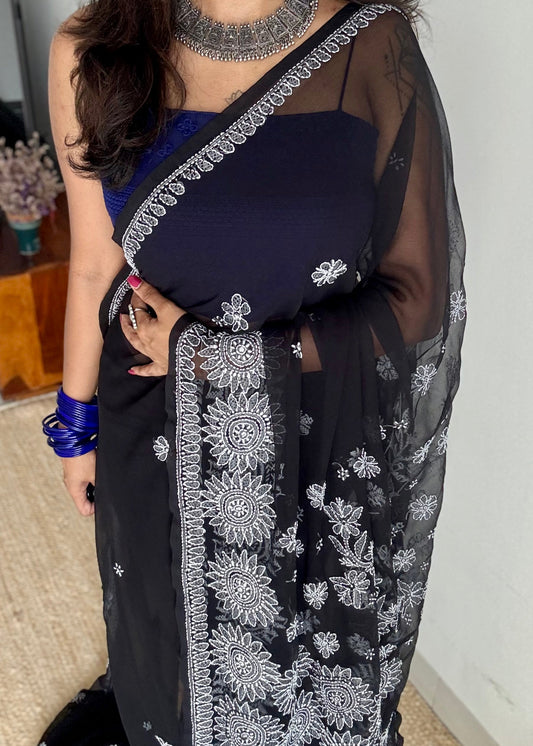 Tariq-e-Noor (path of light) - Black Chikankari, georgette YCSLCJULCK03